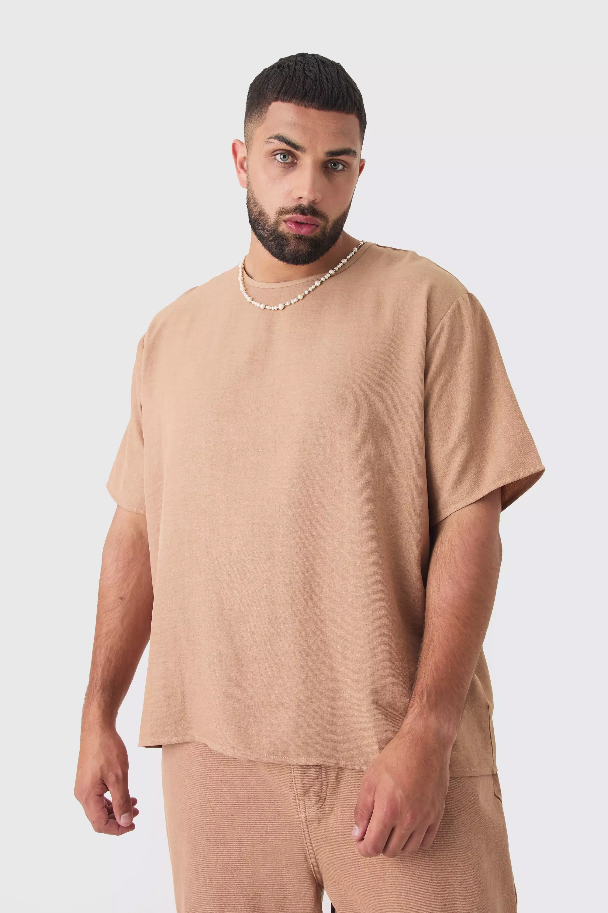 Taupe Beige Plus Oversized Linen T-shirt