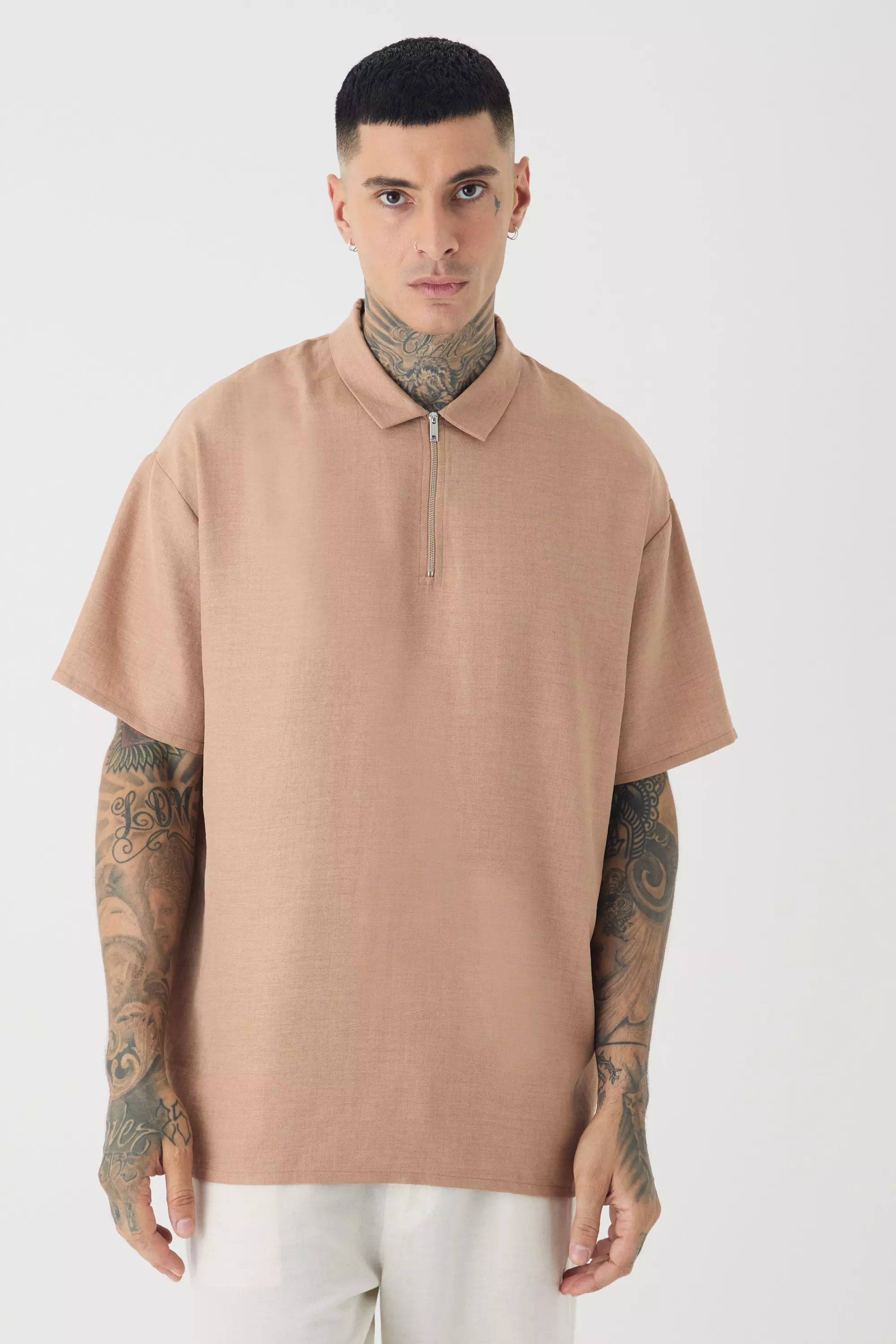 Tall Zip Up Linen Polo In Taupe Taupe
