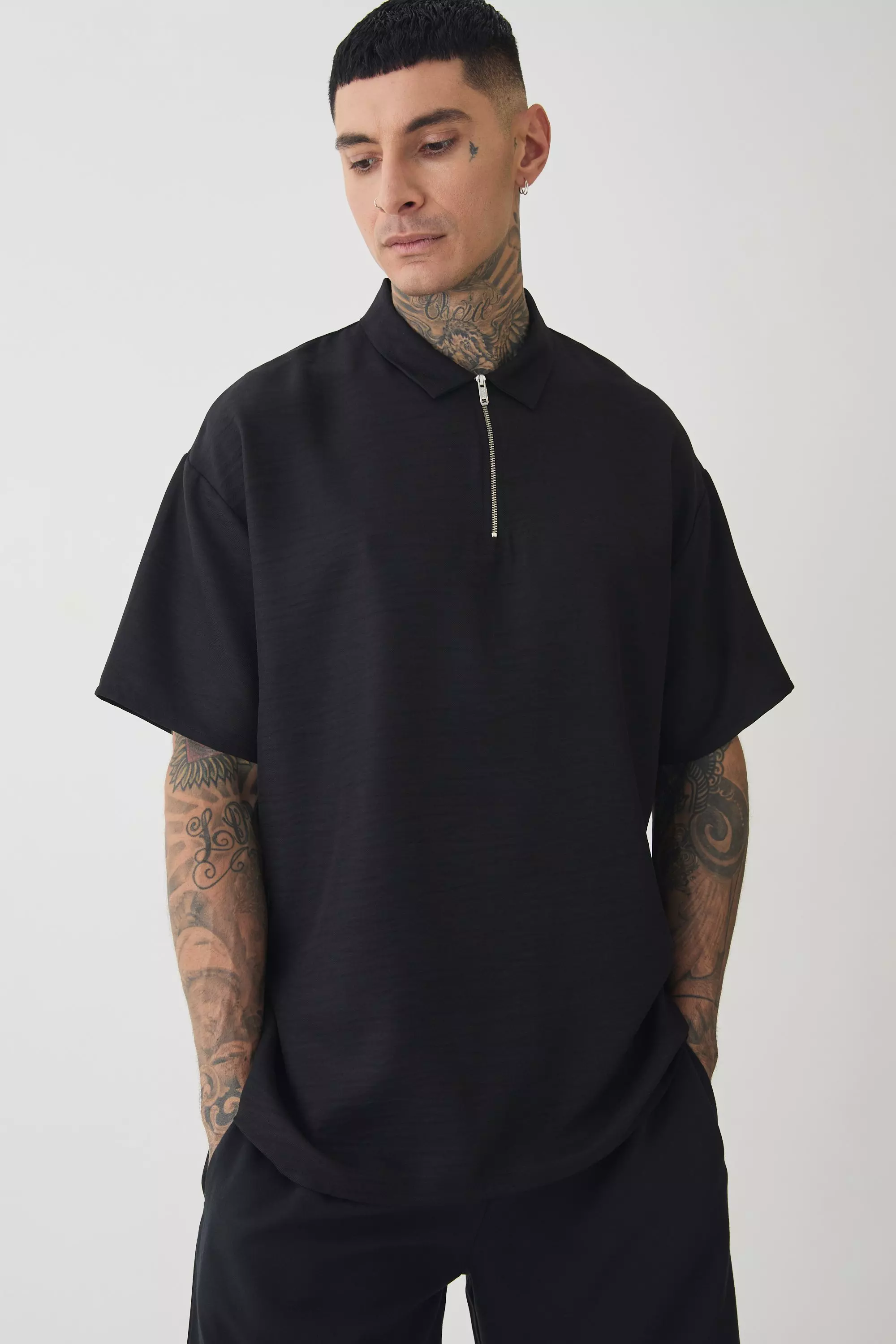 Tall Zip Up Linen Polo In Black Black