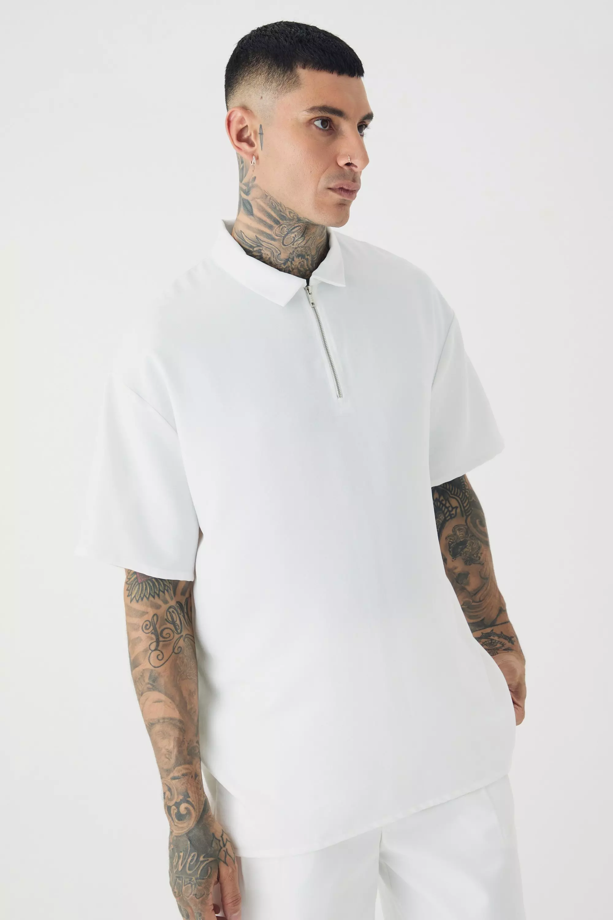 Tall Zip Up Linen Polo In White White