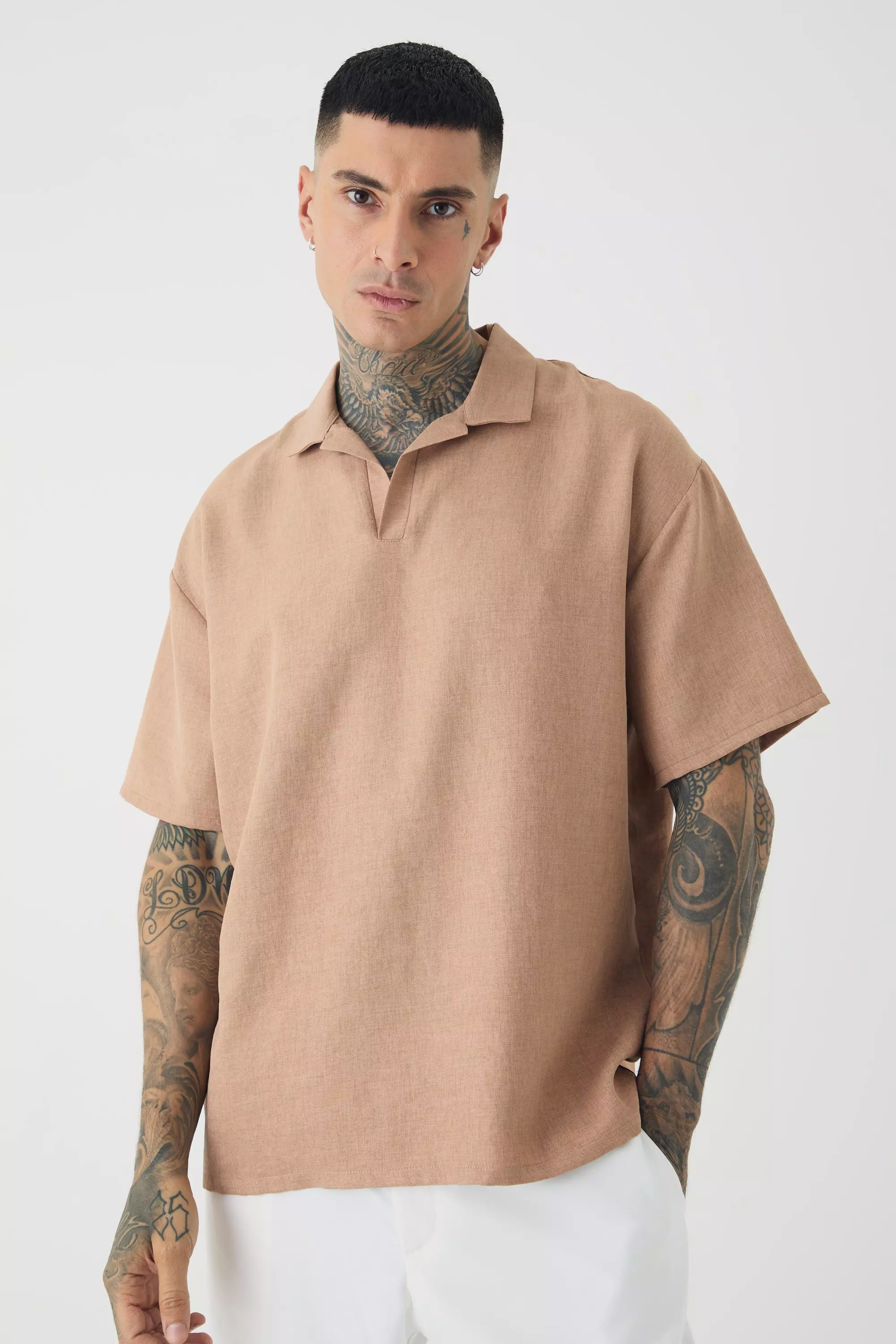 Tall Oversized Linen Revere Polo In Taupe Taupe