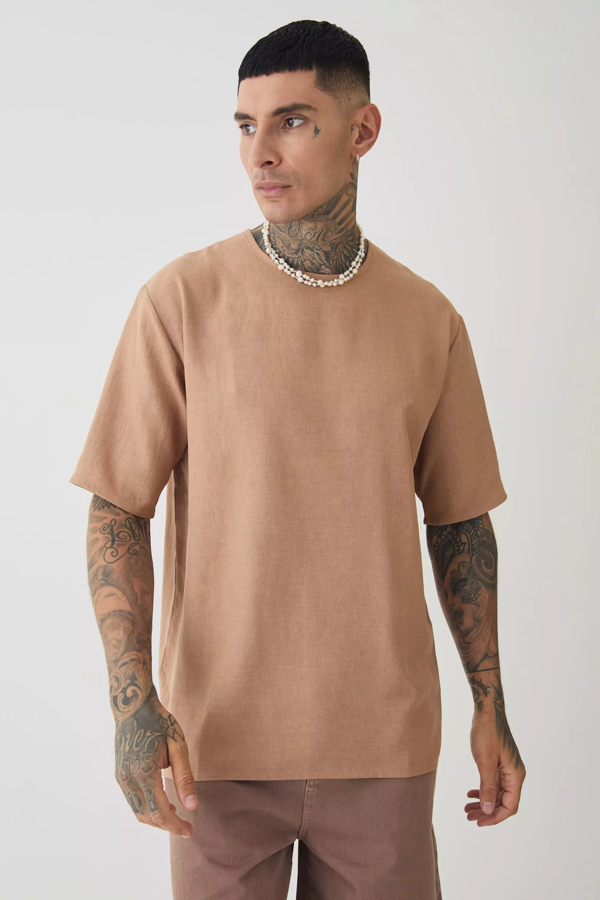 Taupe Beige Tall Oversized Linen T-shirt