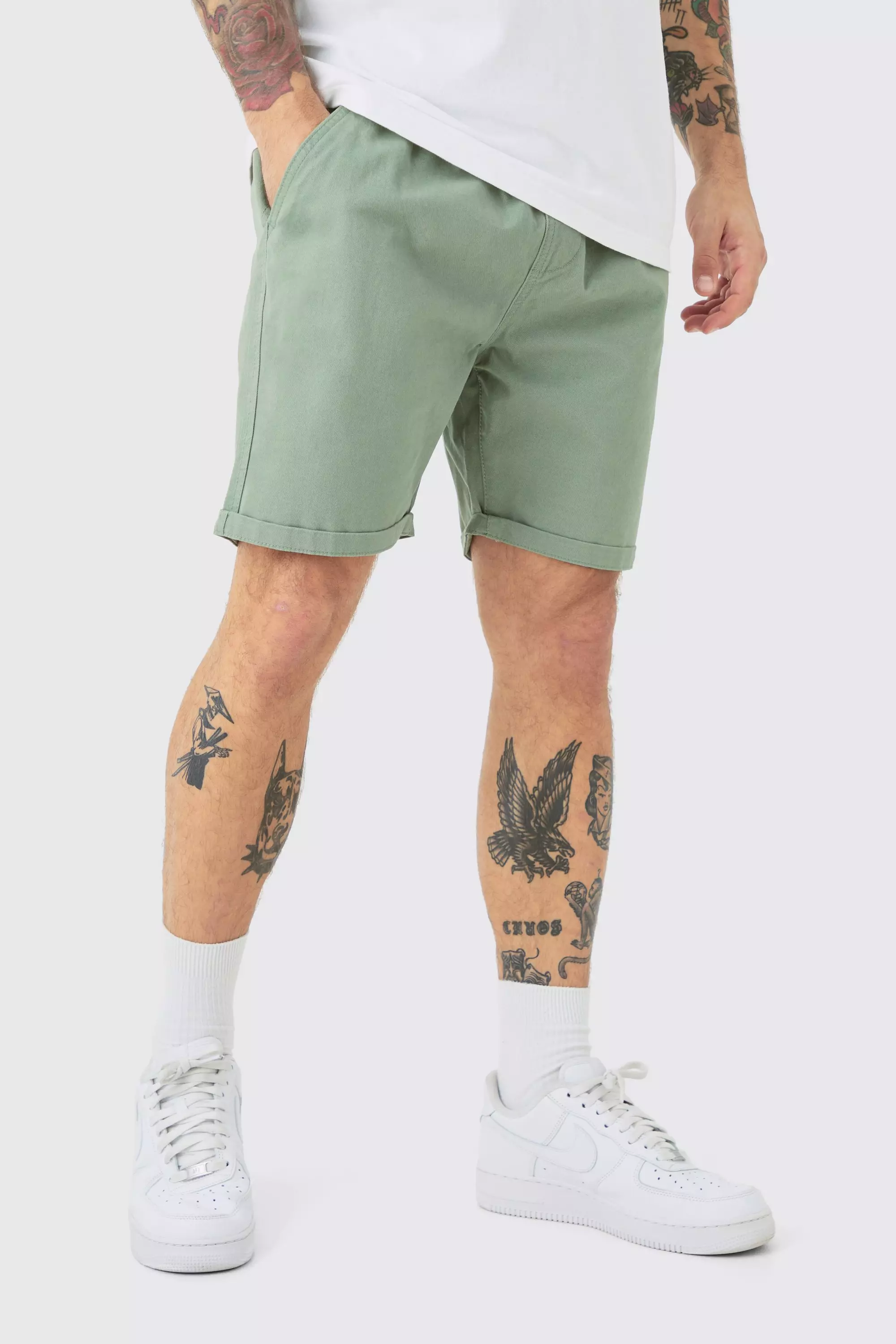 Sage Green Slim Fit Elastic Waist Bermuda Shorts
