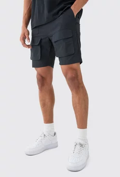 Elastic Waist Multi Cargo Pocket Shorts Black