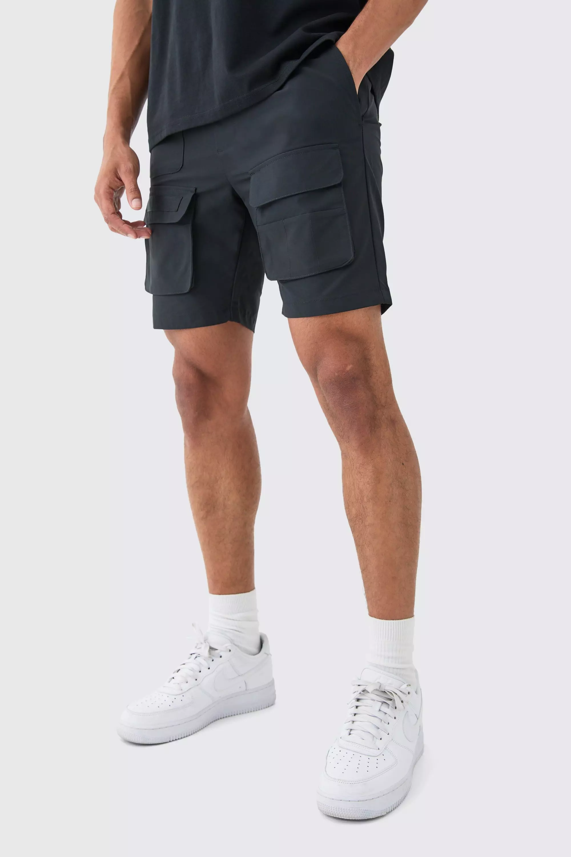 Black Elastic Waist Multi Cargo Pocket Shorts
