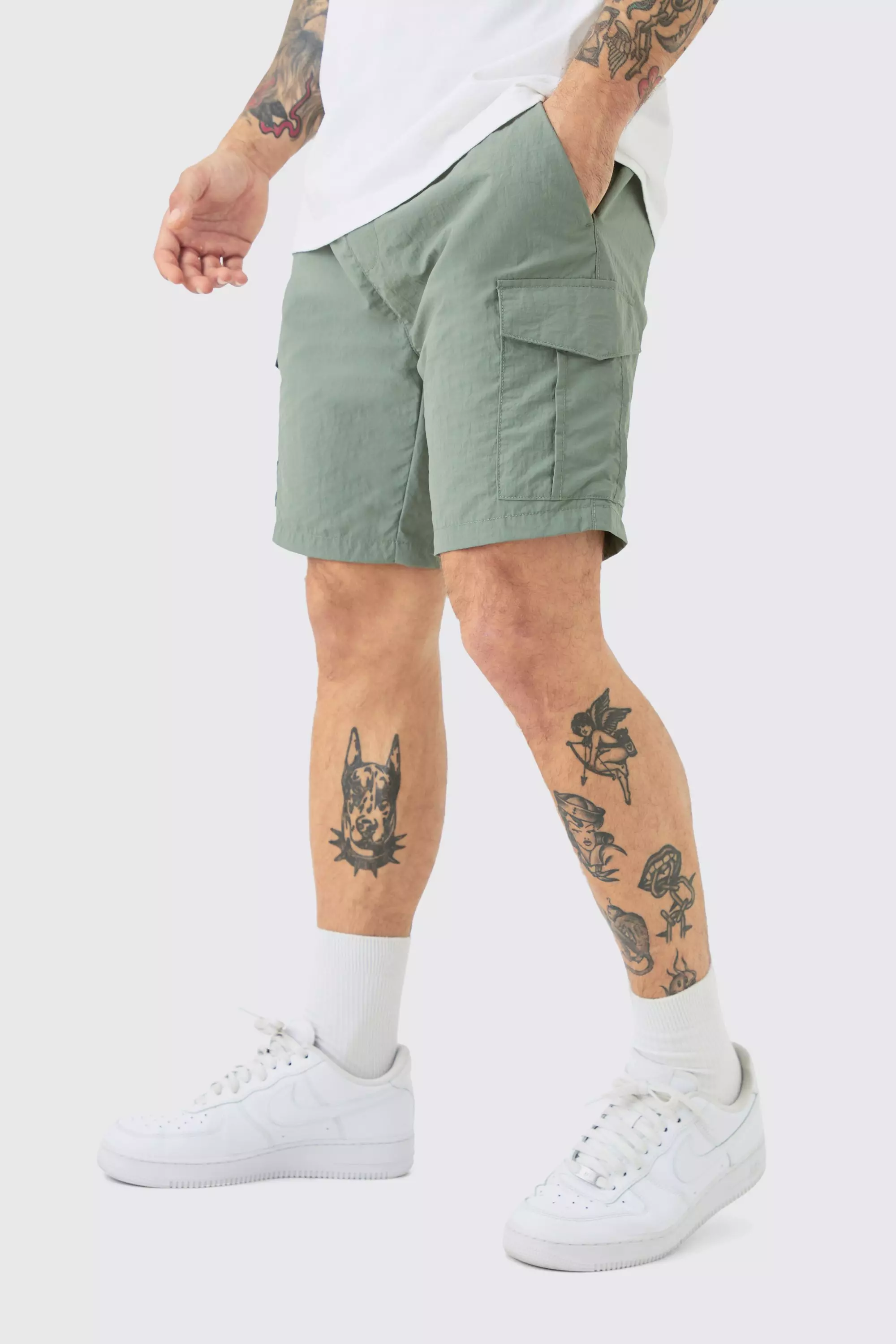 Sage Green Slim Fit Elastic Waist Cargo Shorts