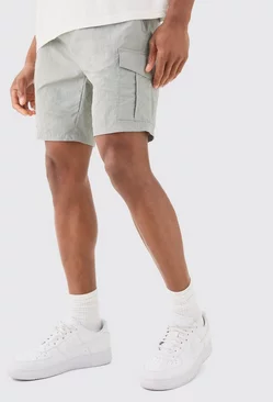 Grey Slim Fit Elastic Waist Cargo Shorts