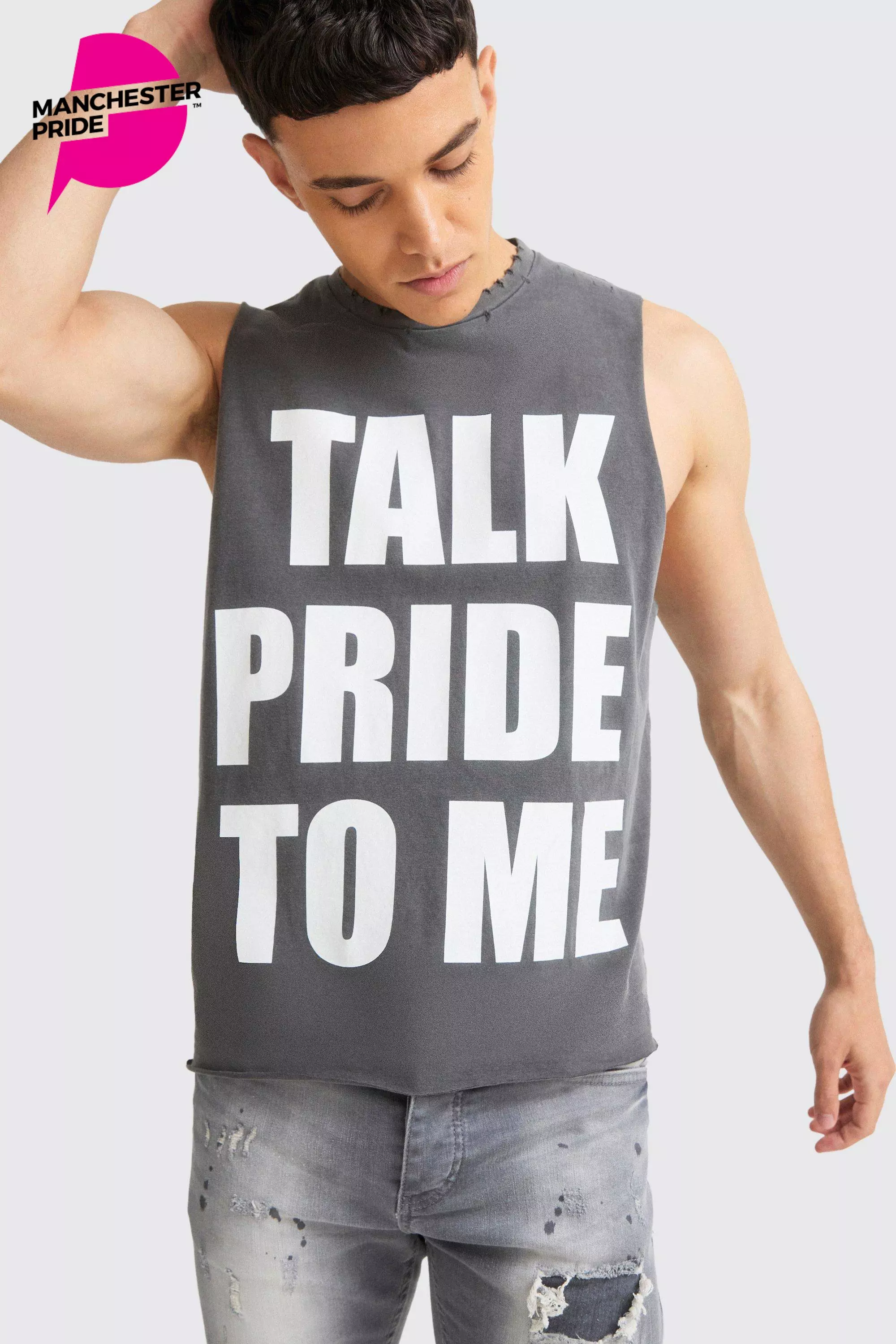 Oversized Boxy Talk Pride To Me Distressed Tank Charcoal