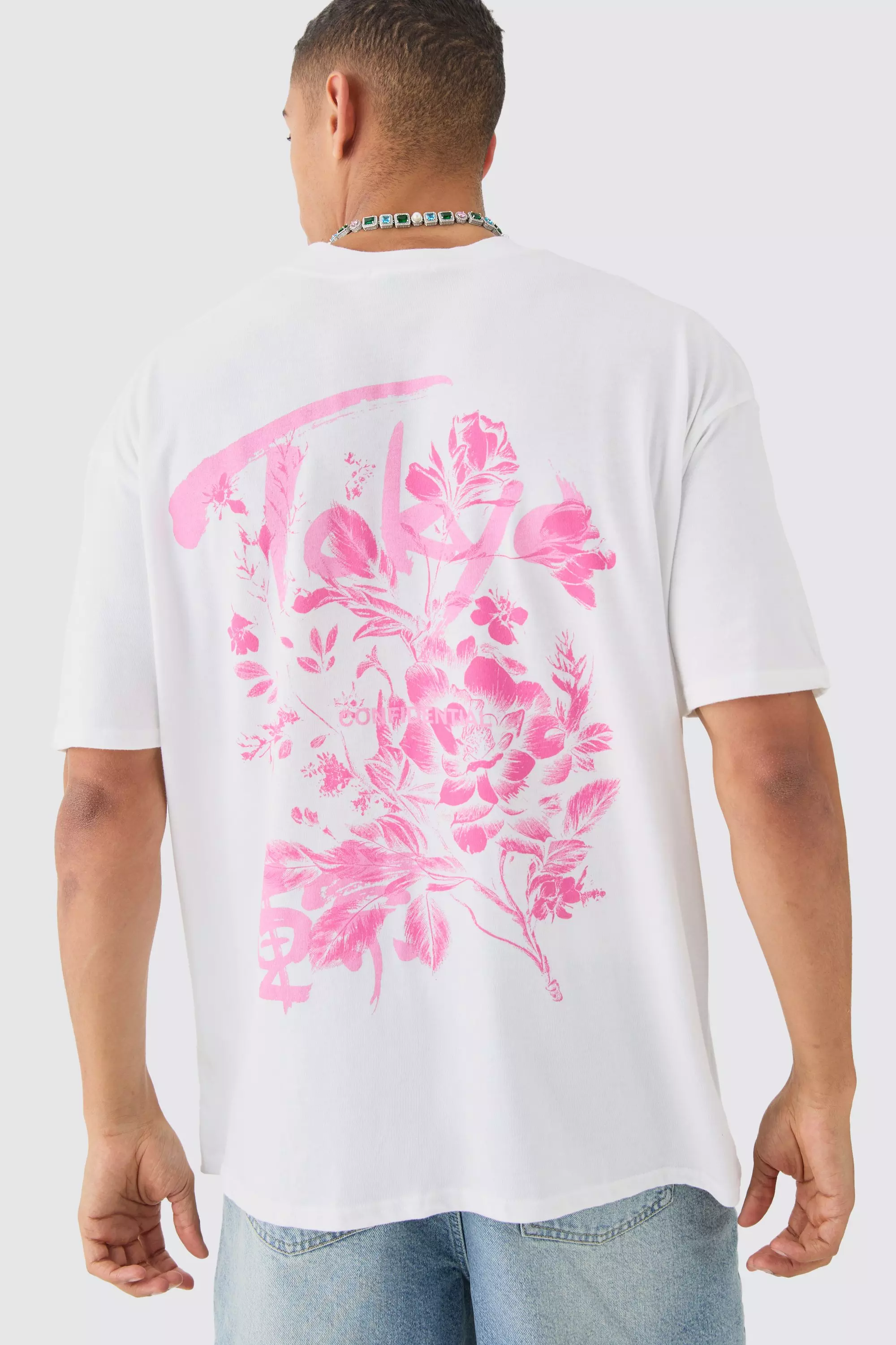 Oversized Tokyo Extended Neck Floral Print T-shirt White