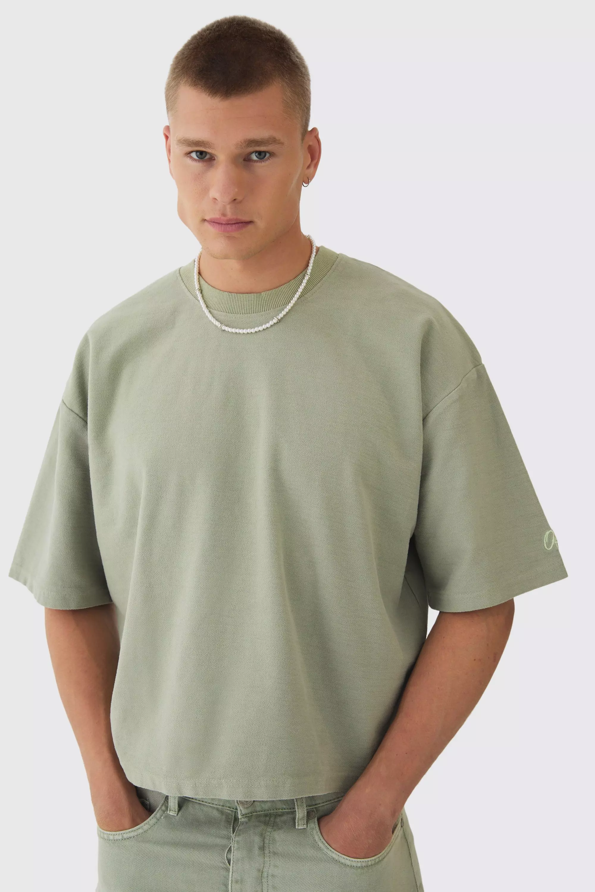 Khaki Oversized Extra Boxy Half Sleeve Reverse Loopback T-shirt