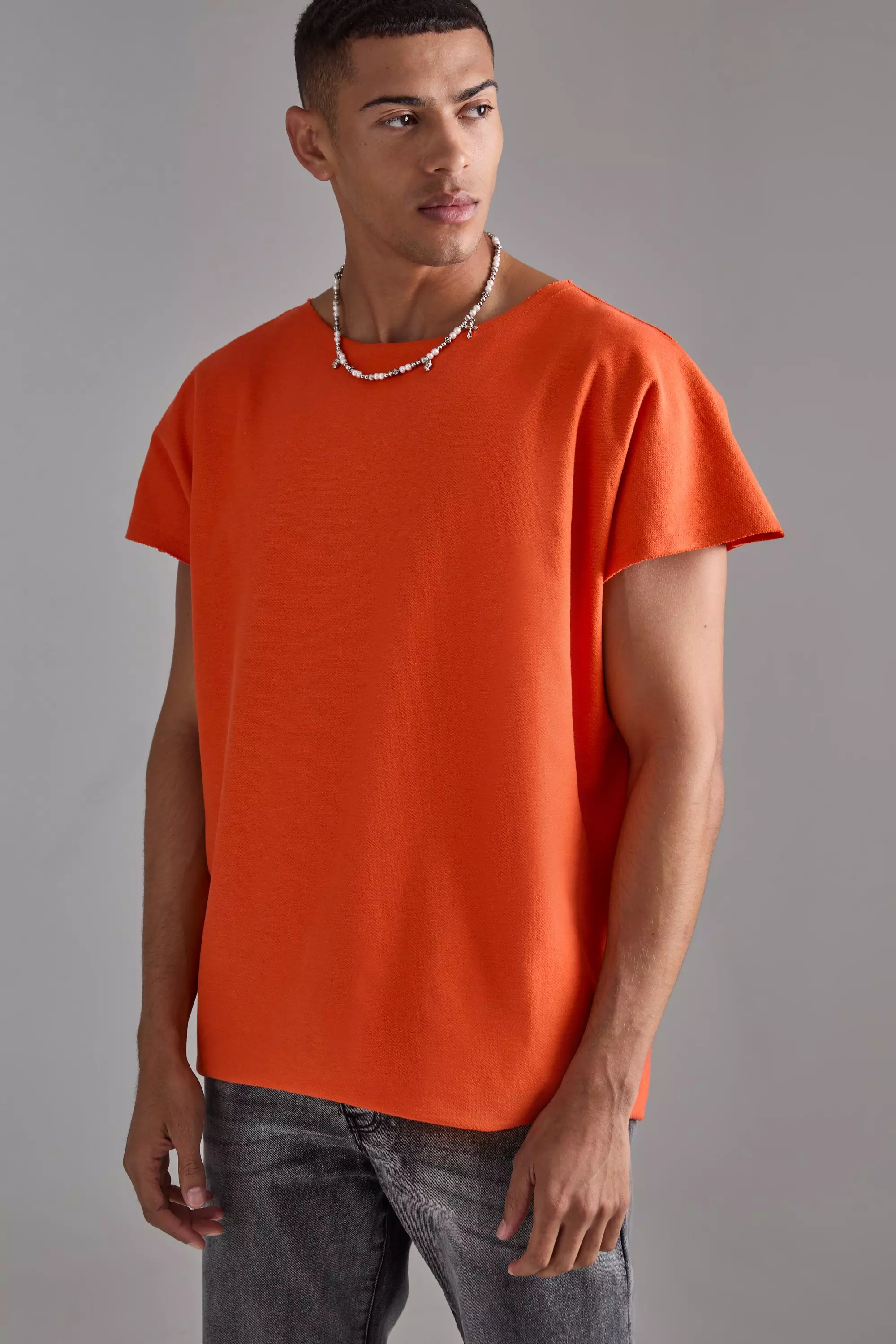 Orange Oversized Cap Sleeve Slash Neck Loopback T-shirt