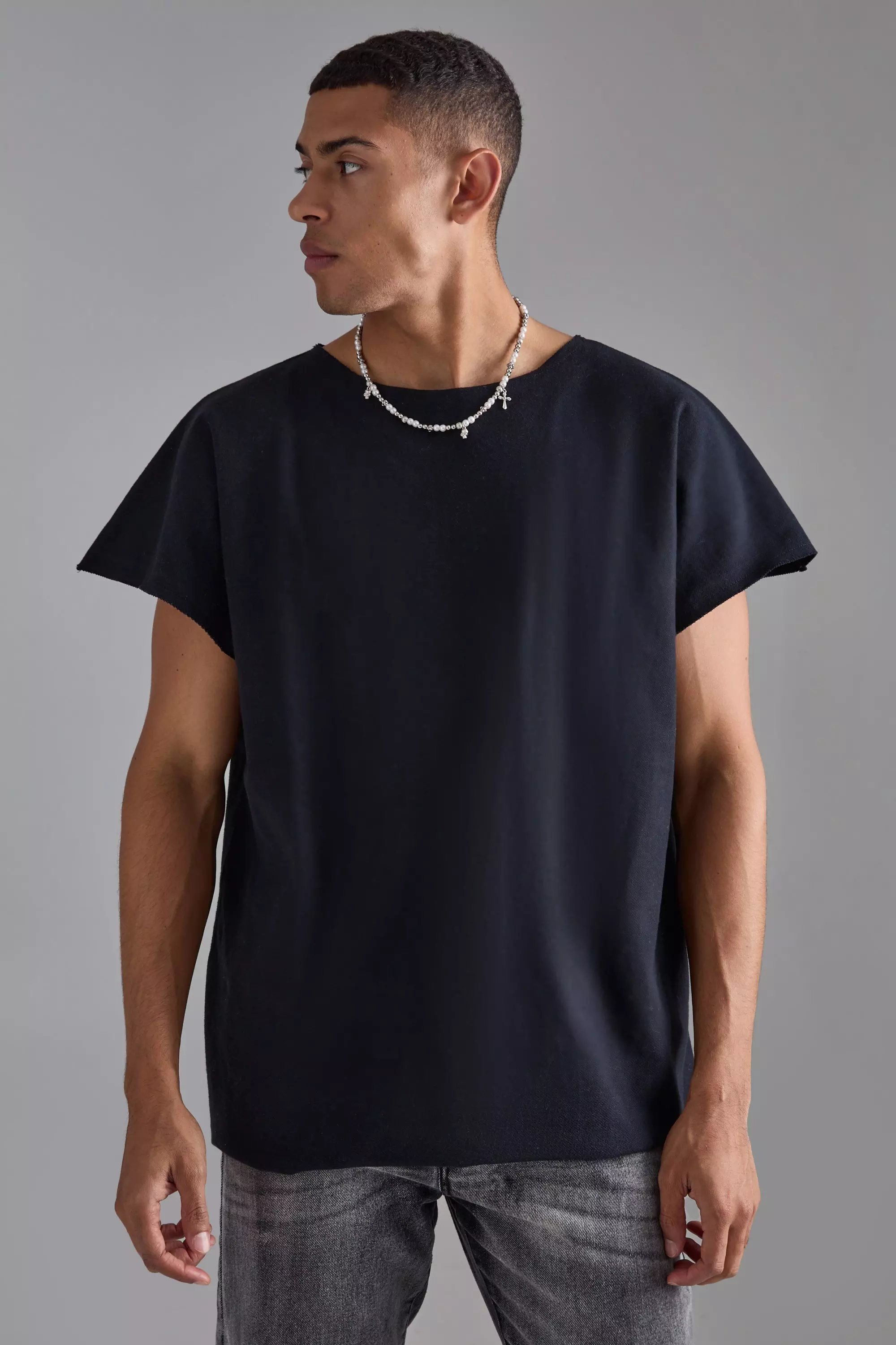 Oversized Cap Sleeve Slash Neck Loopback T-shirt Black