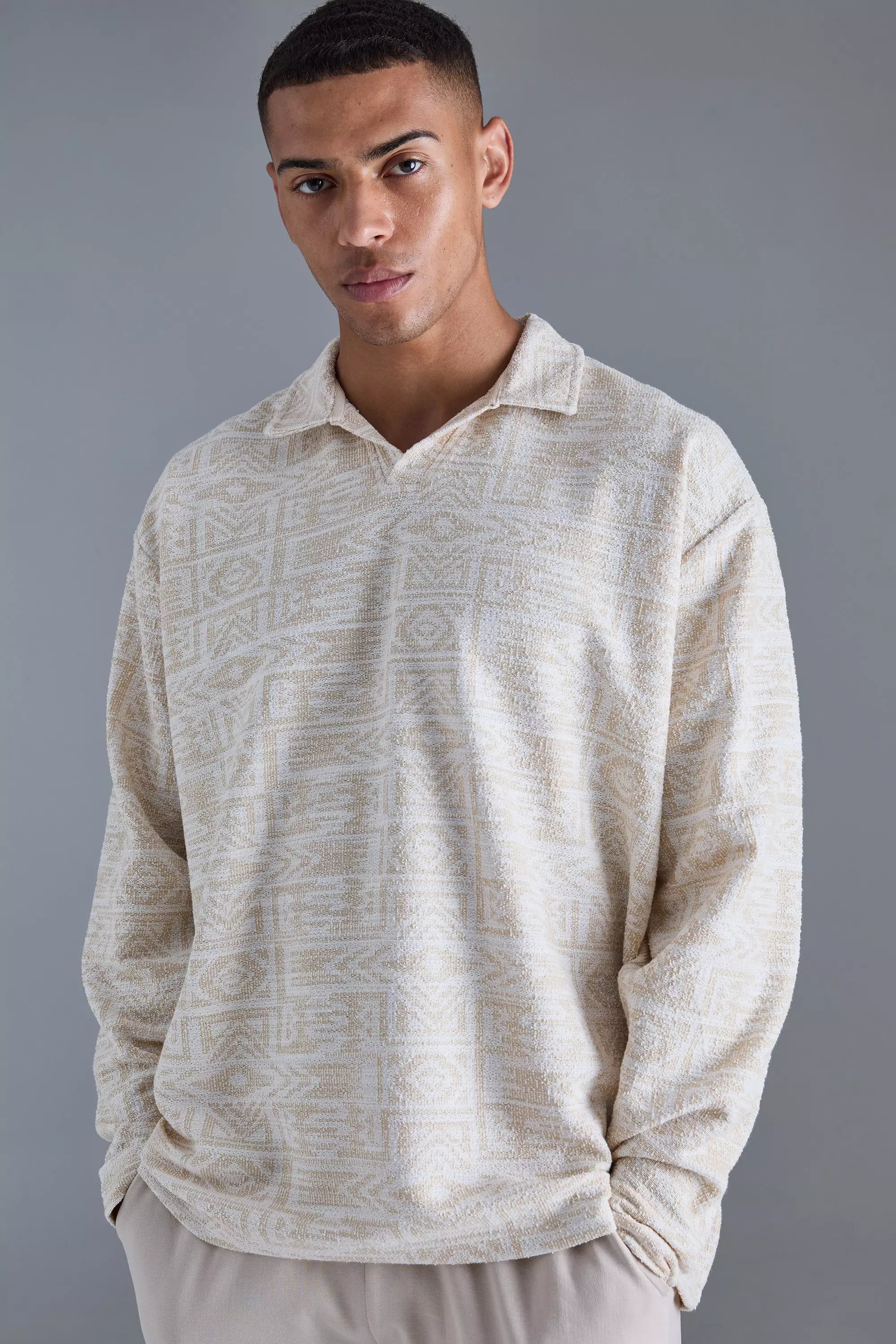 Oversized Paisley Jacquard Rugby Sweatshirt Ecru