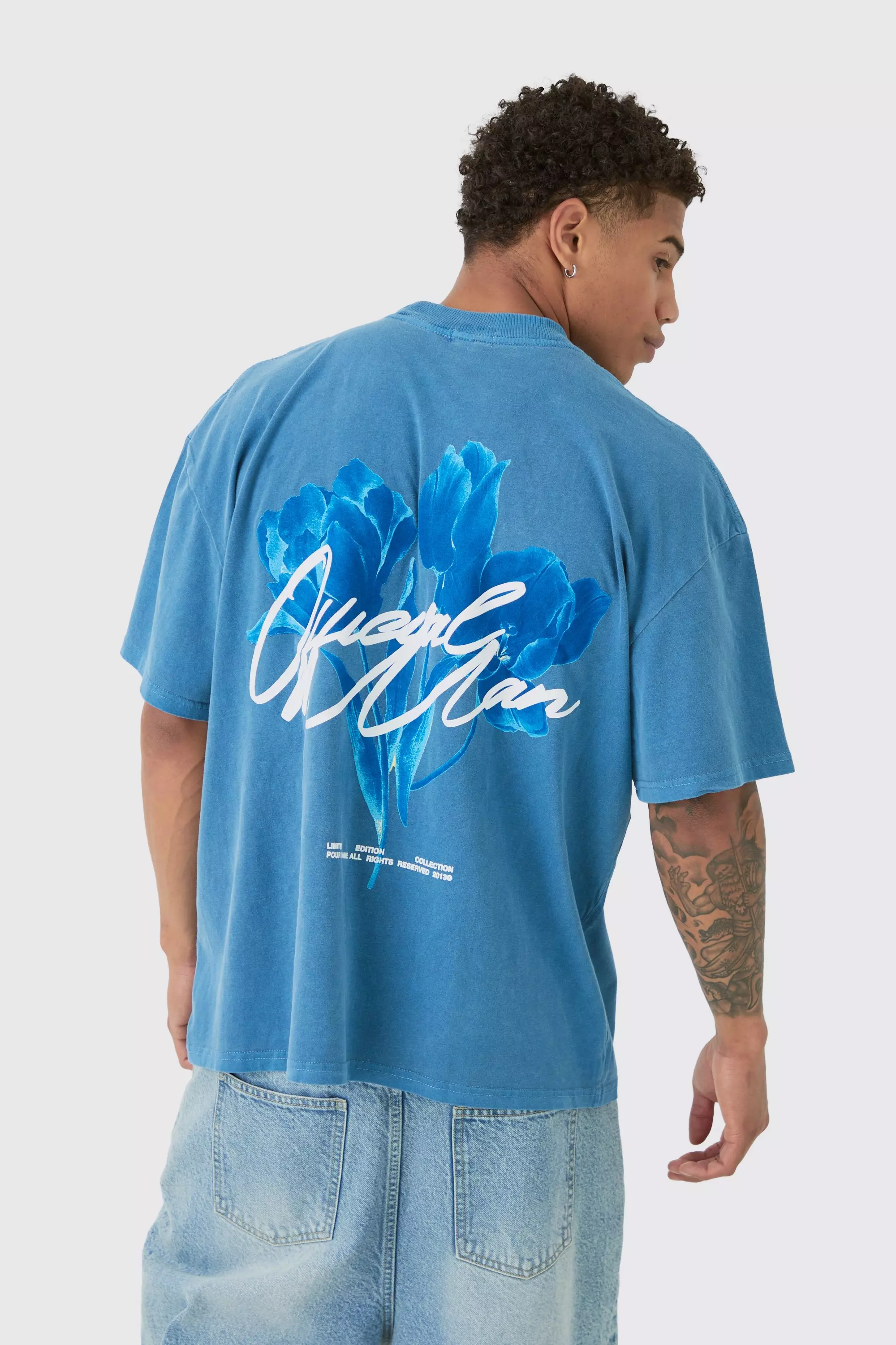 Blue Oversized Washed Tonal Floral Print T-shirt alternative image