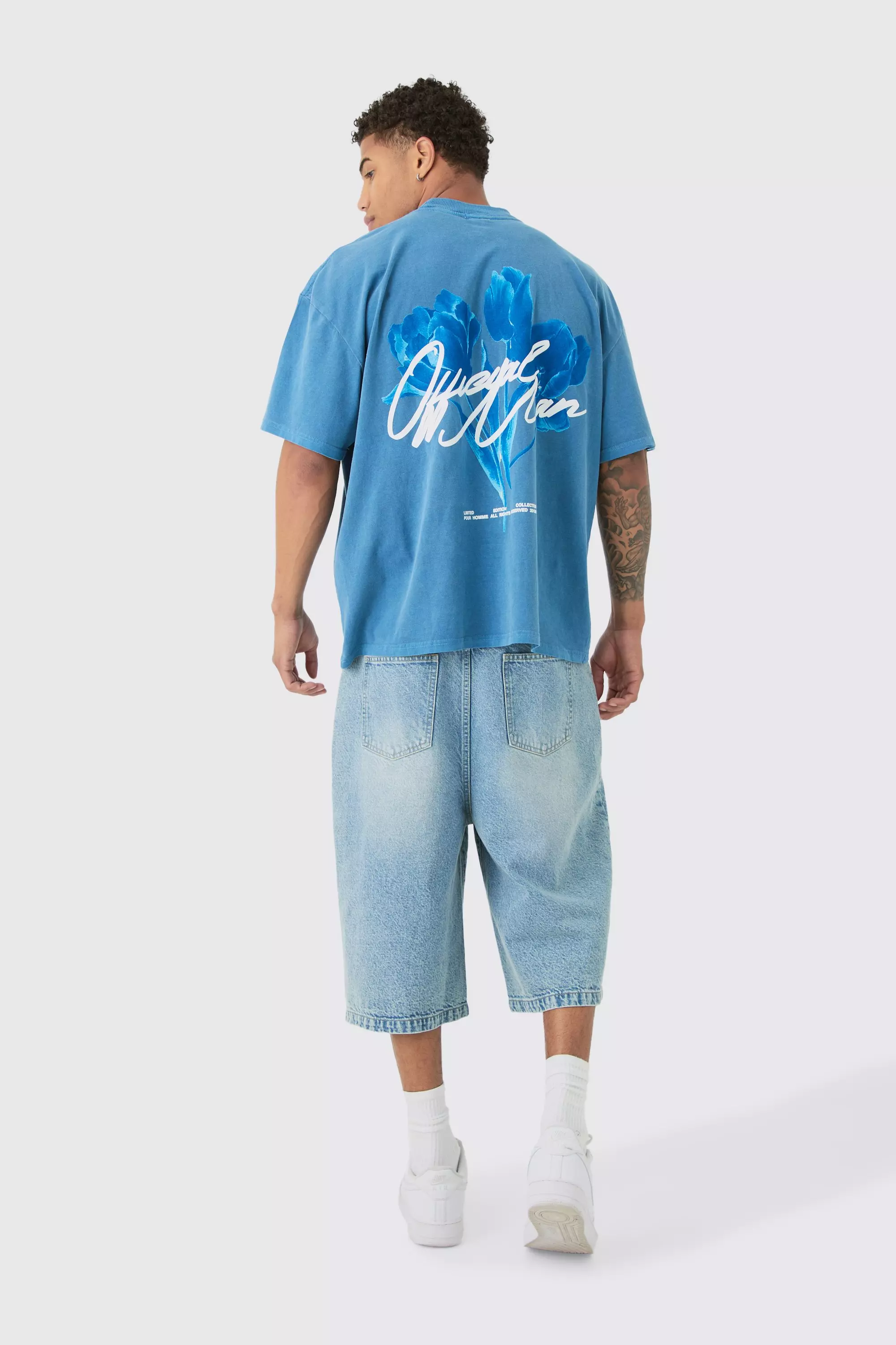 Blue Oversized Washed Tonal Floral Print T-shirt alternative image
