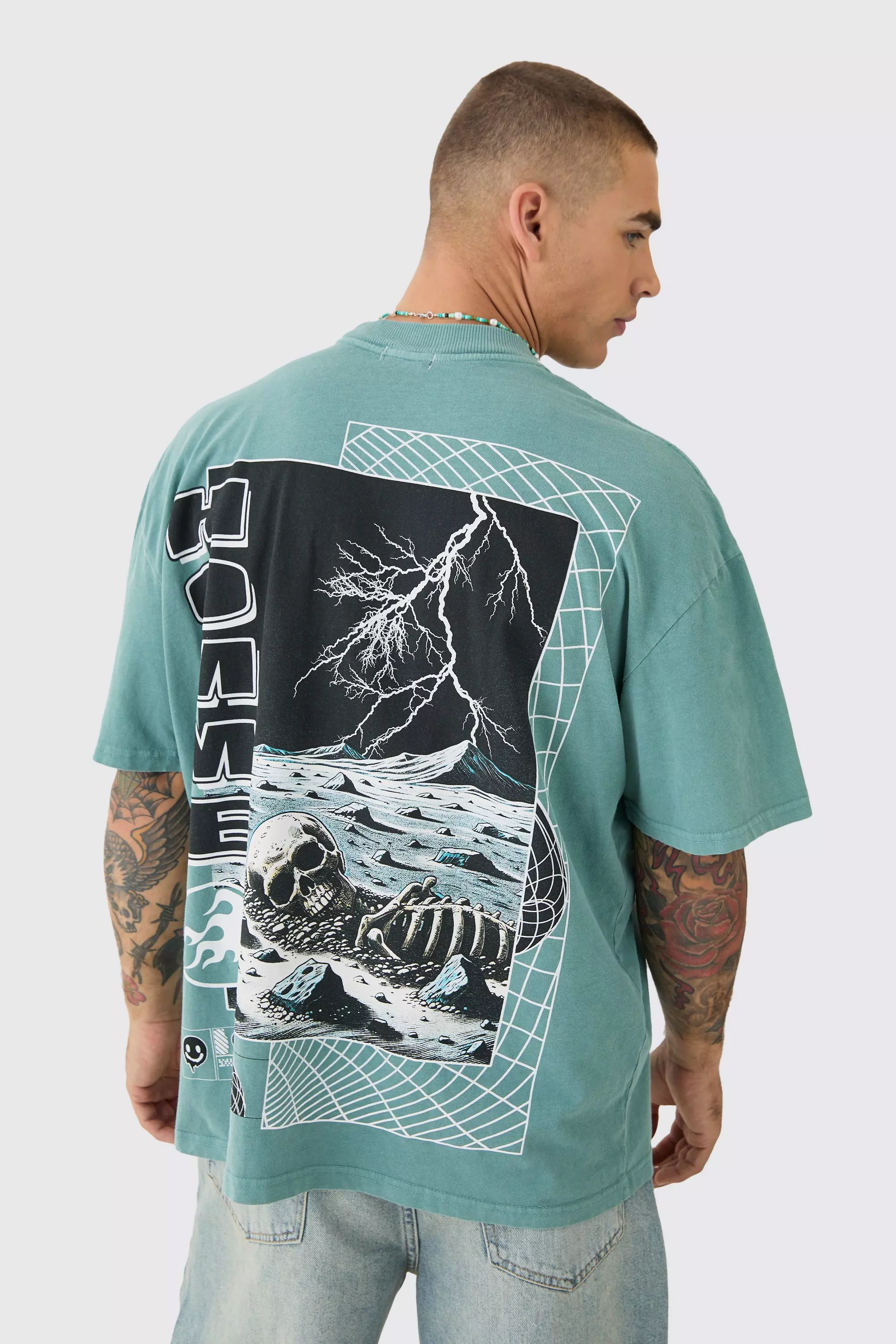 Oversized Skeleton Space Graphic T-shirt Khaki