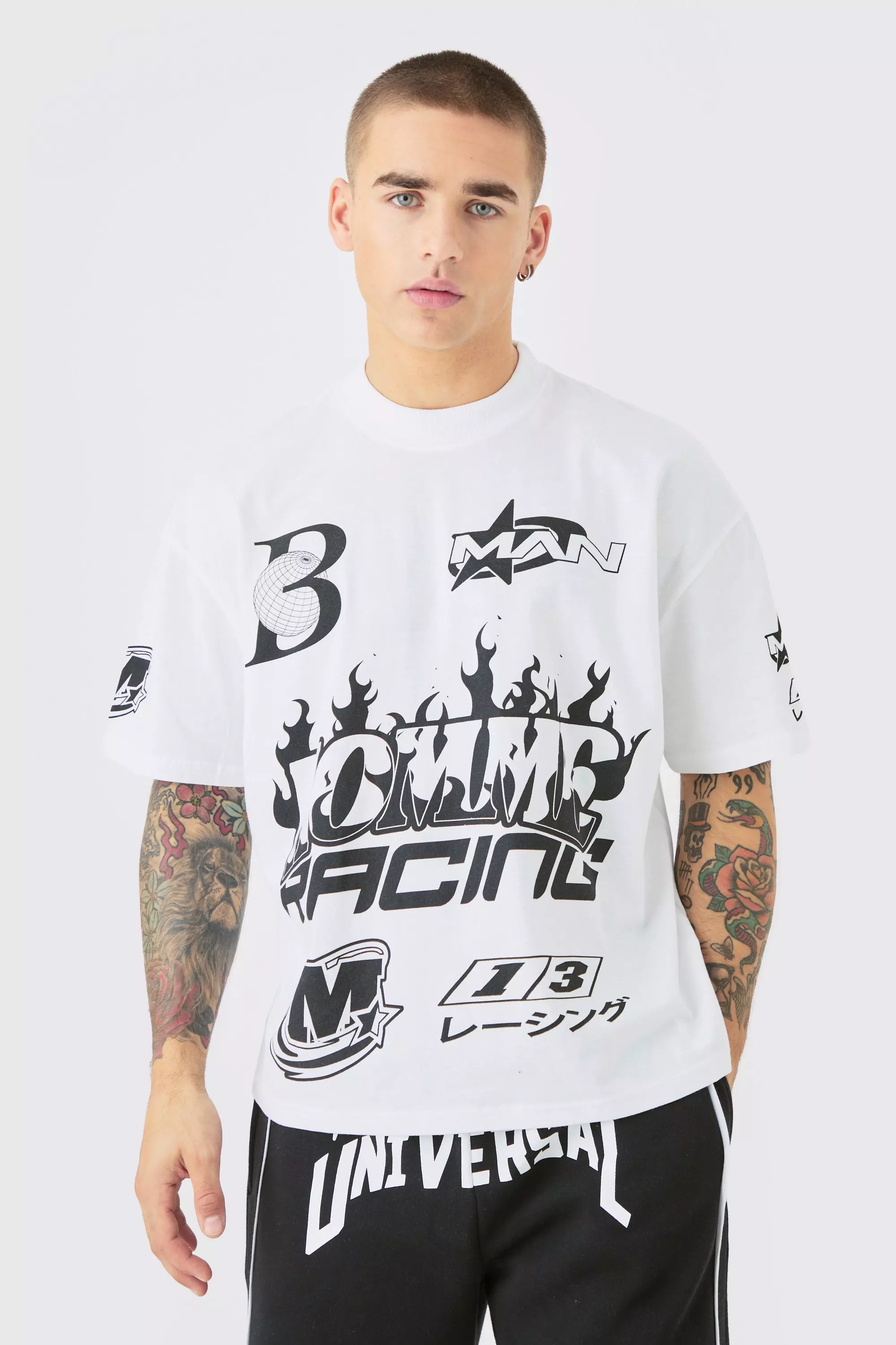 Oversized Boxy Extended Neck Homme Moto Graphic T-shirt White