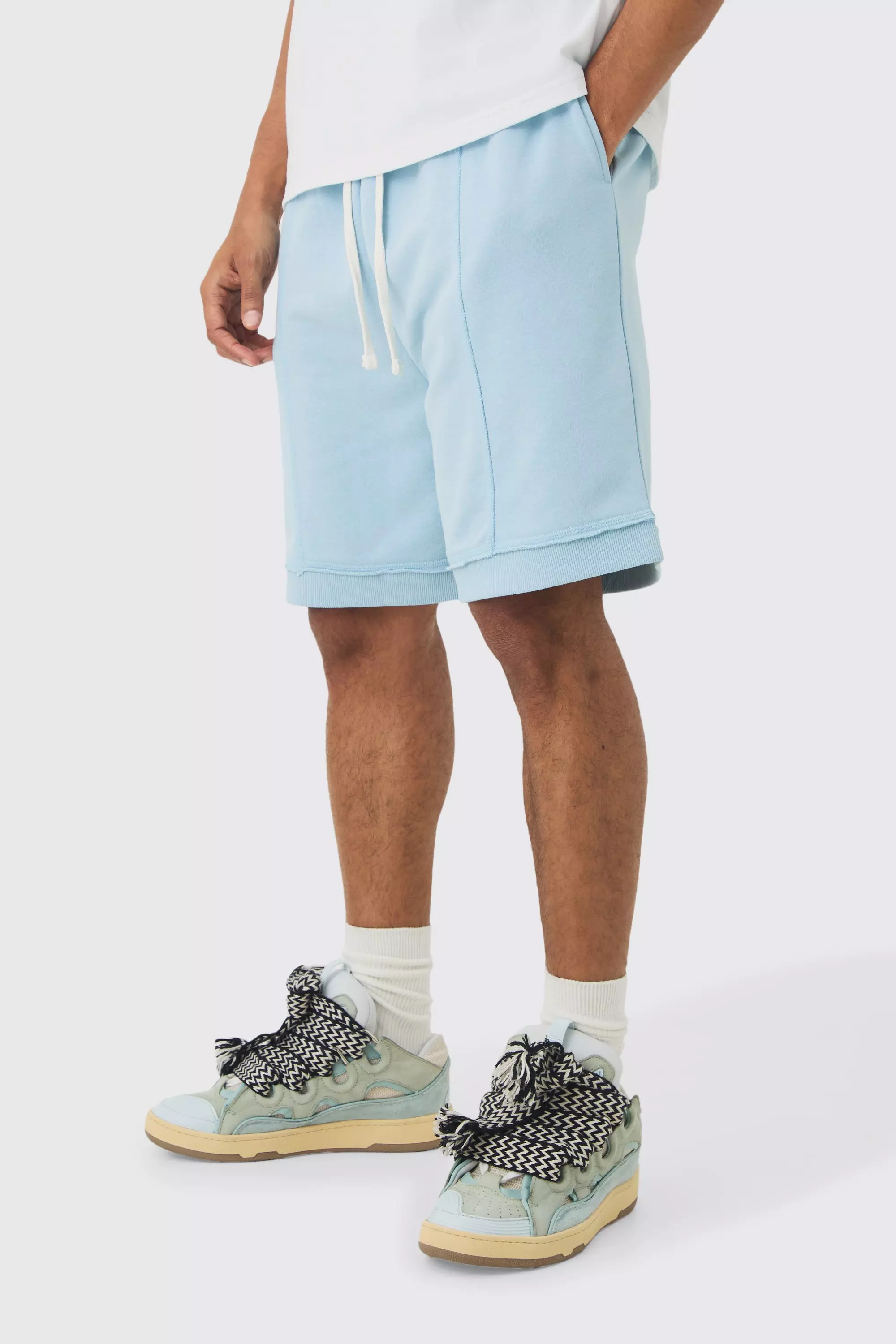 Oversized Drop Crotch Rib Hem Loopback Short Light blue