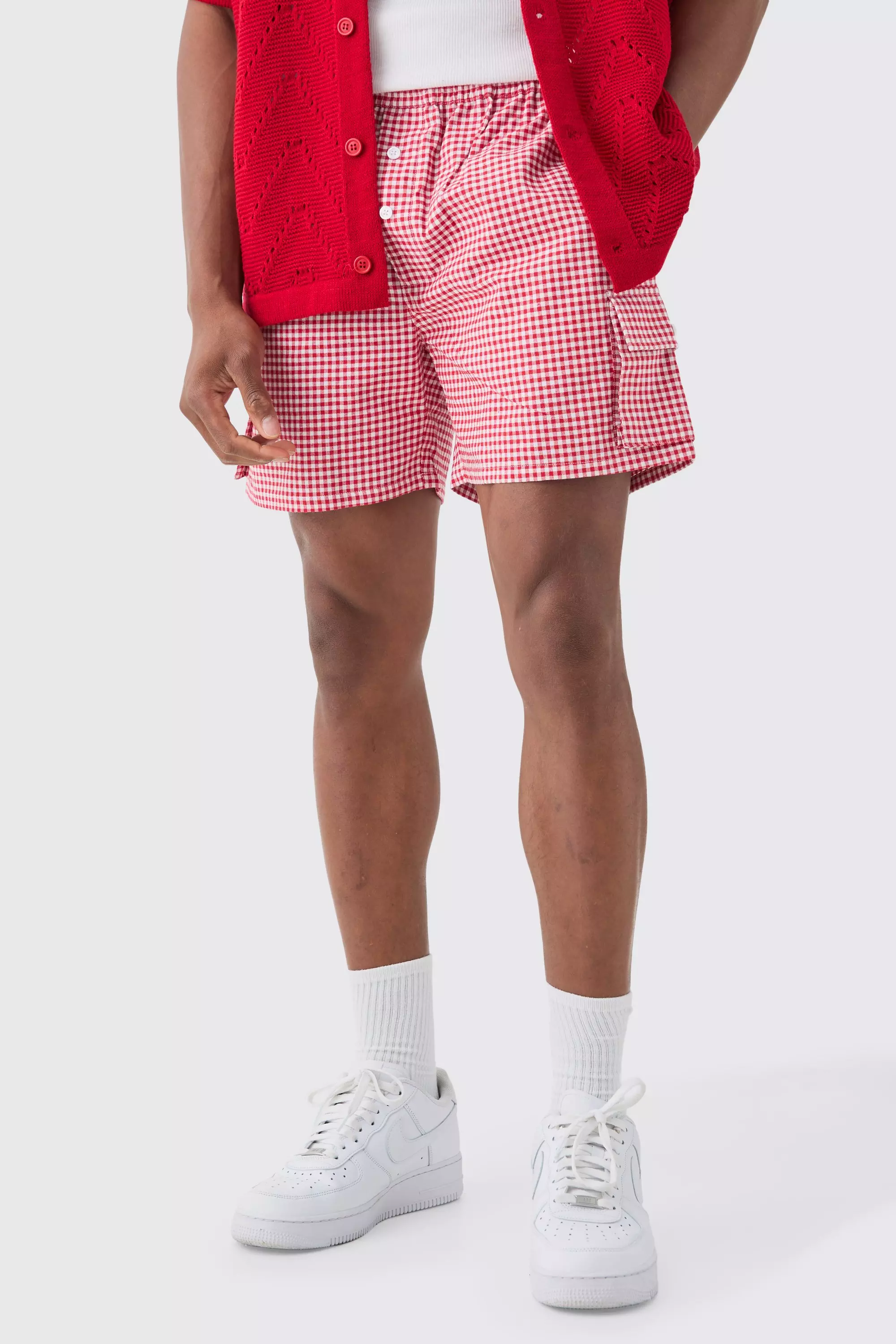 Elastic Waist Gingham Check Linen Look Short In Red Red