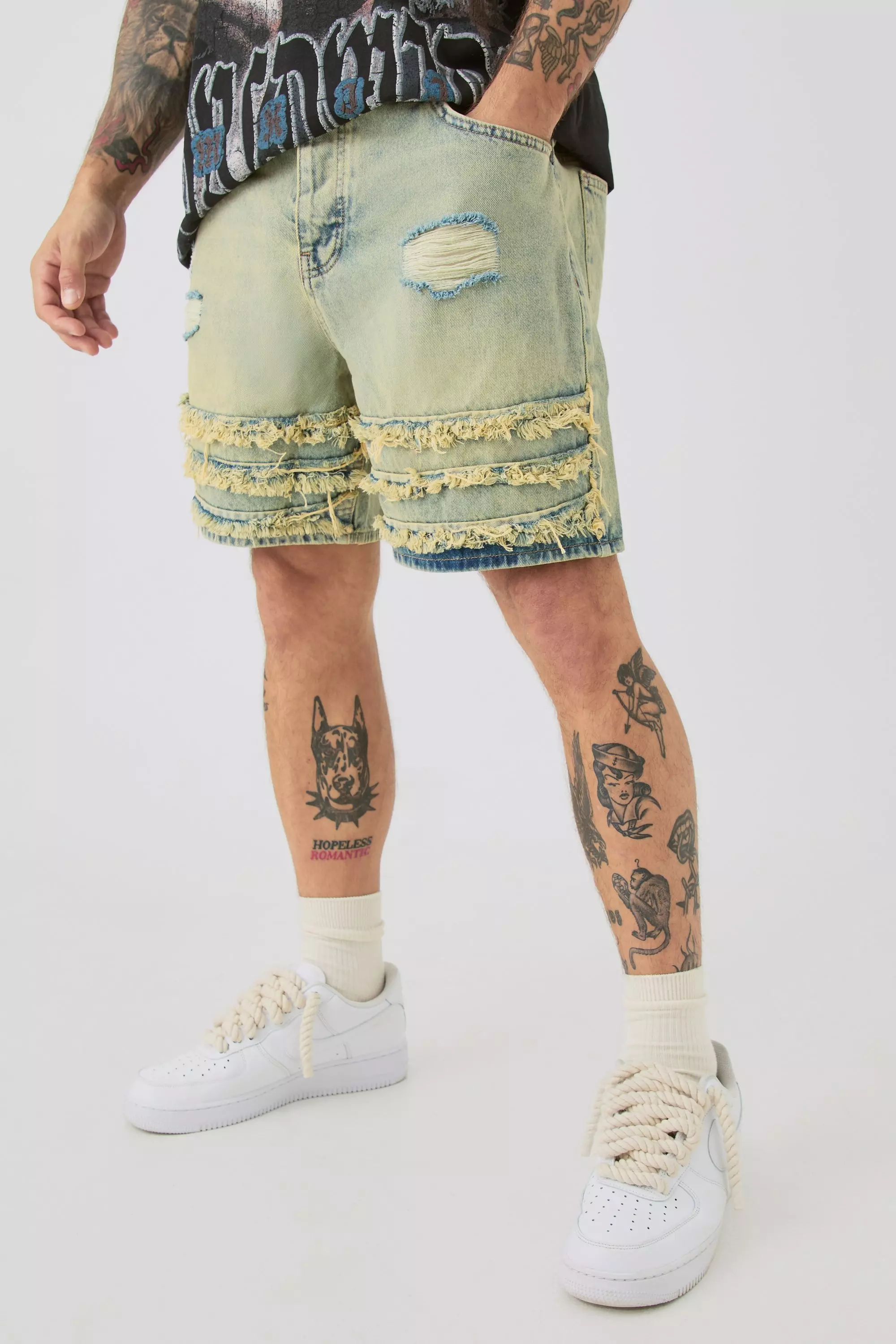 Brown Relaxed Rigid Distressed Denim Shorts In Light Blue
