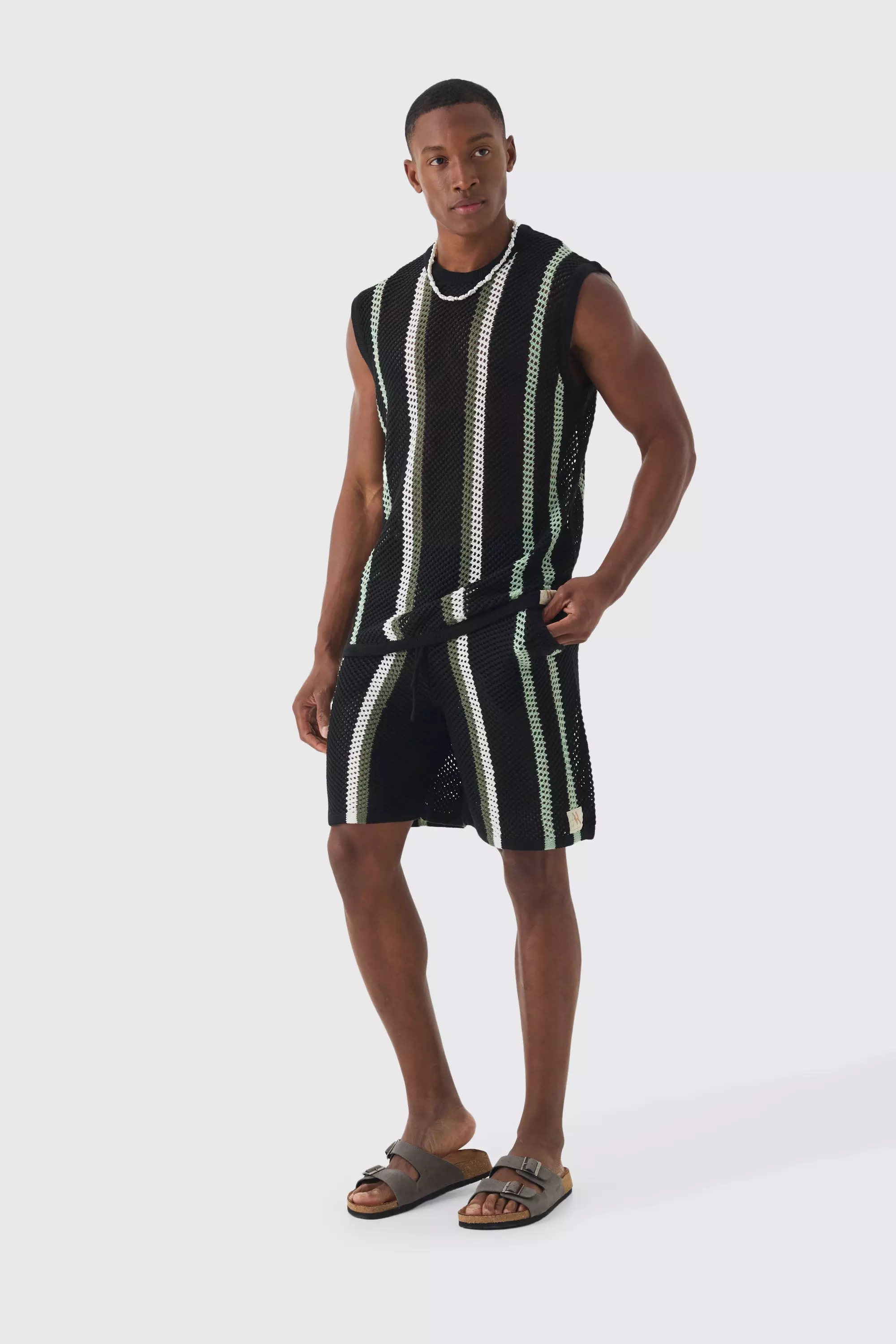 Set Corto Oversize In Maglia A Righe Traforate, Black immagine alternativa