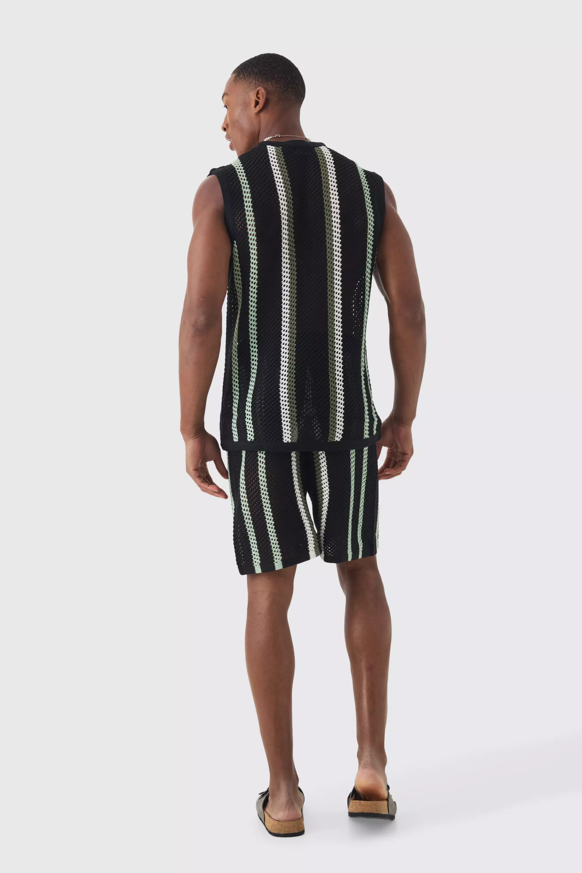 Set Corto Oversize In Maglia A Righe Traforate, Black immagine alternativa