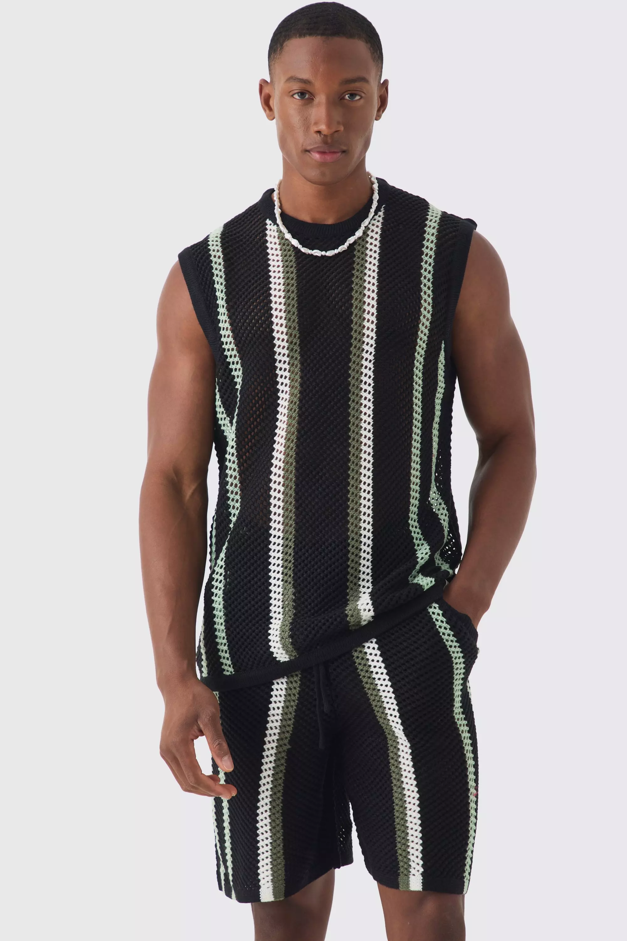 Set Corto Oversize In Maglia A Righe Traforate, Black immagine alternativa