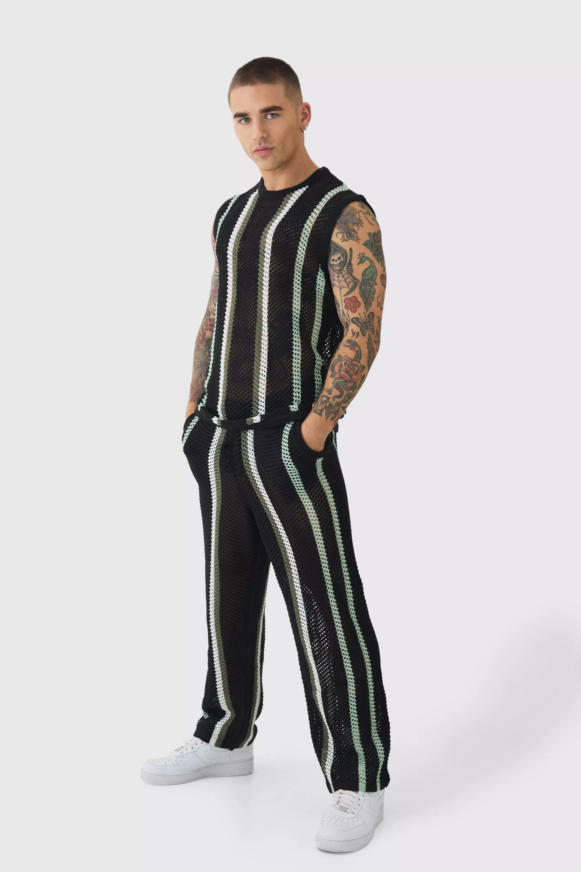 Oversized Open Stitch Stripe Knitted Tank & Trouser Set | boohooMAN USA