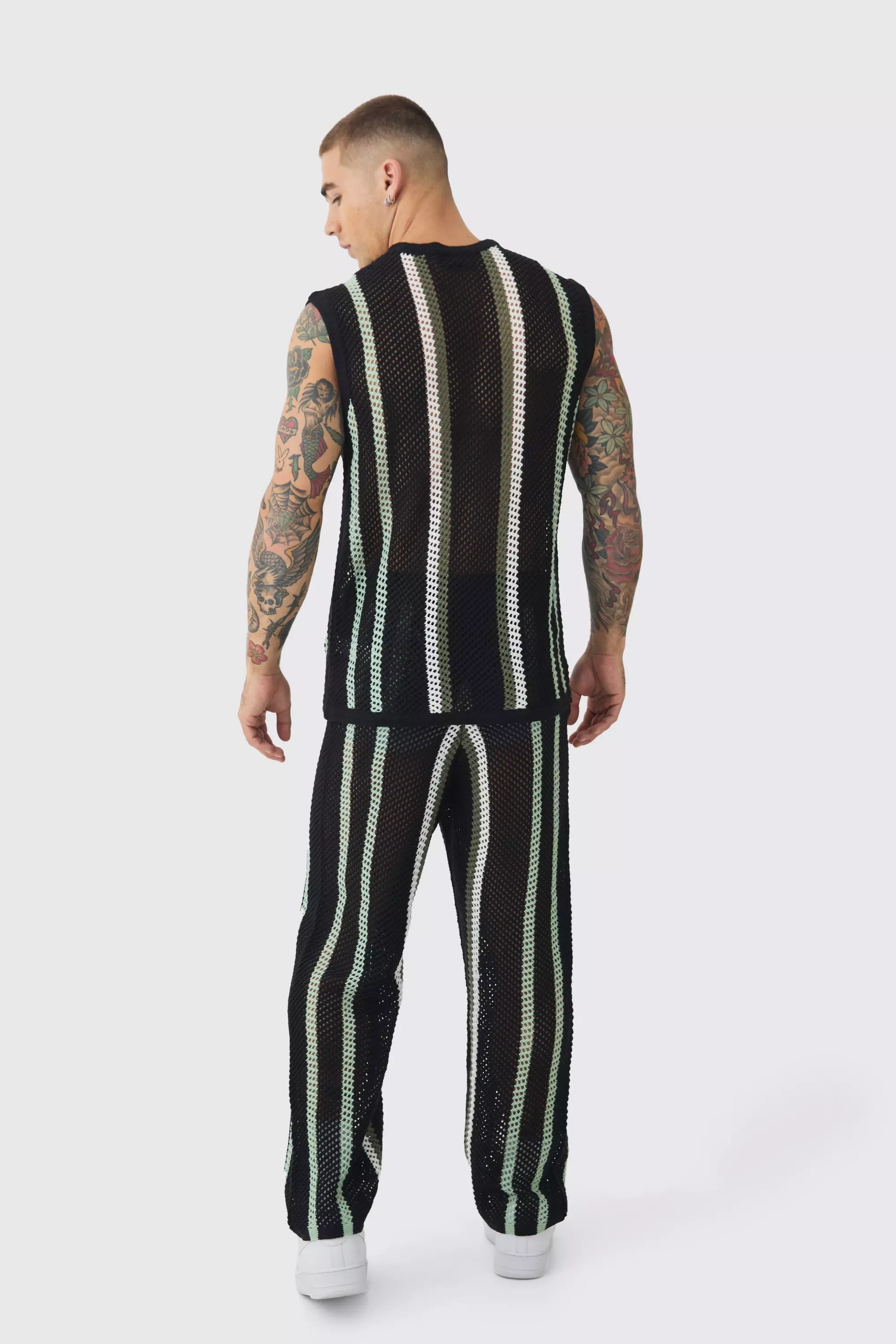 Oversized Open Stitch Stripe Knitted Tank & Trouser Set | boohooMAN USA