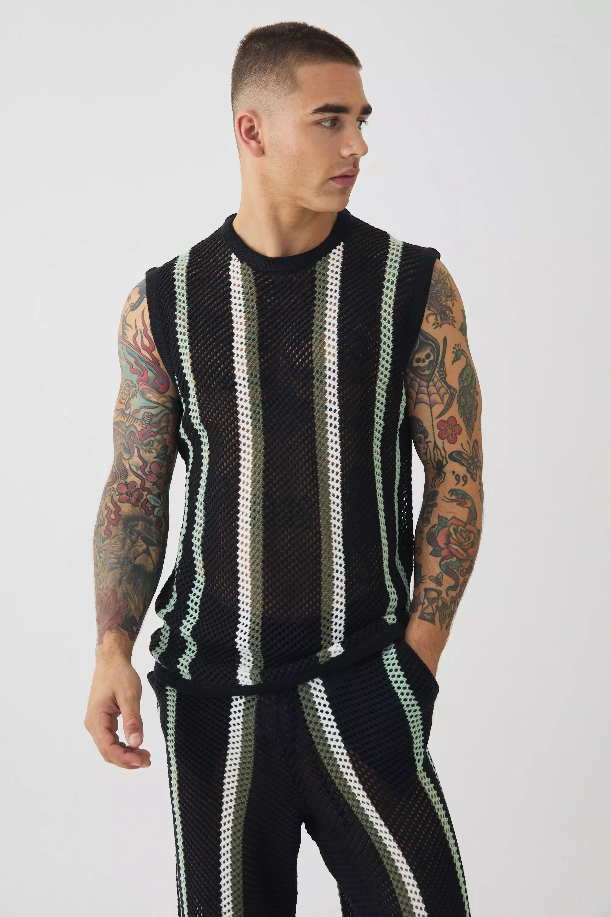 Oversized Open Stitch Stripe Knitted Tank & Trouser Set | boohooMAN USA