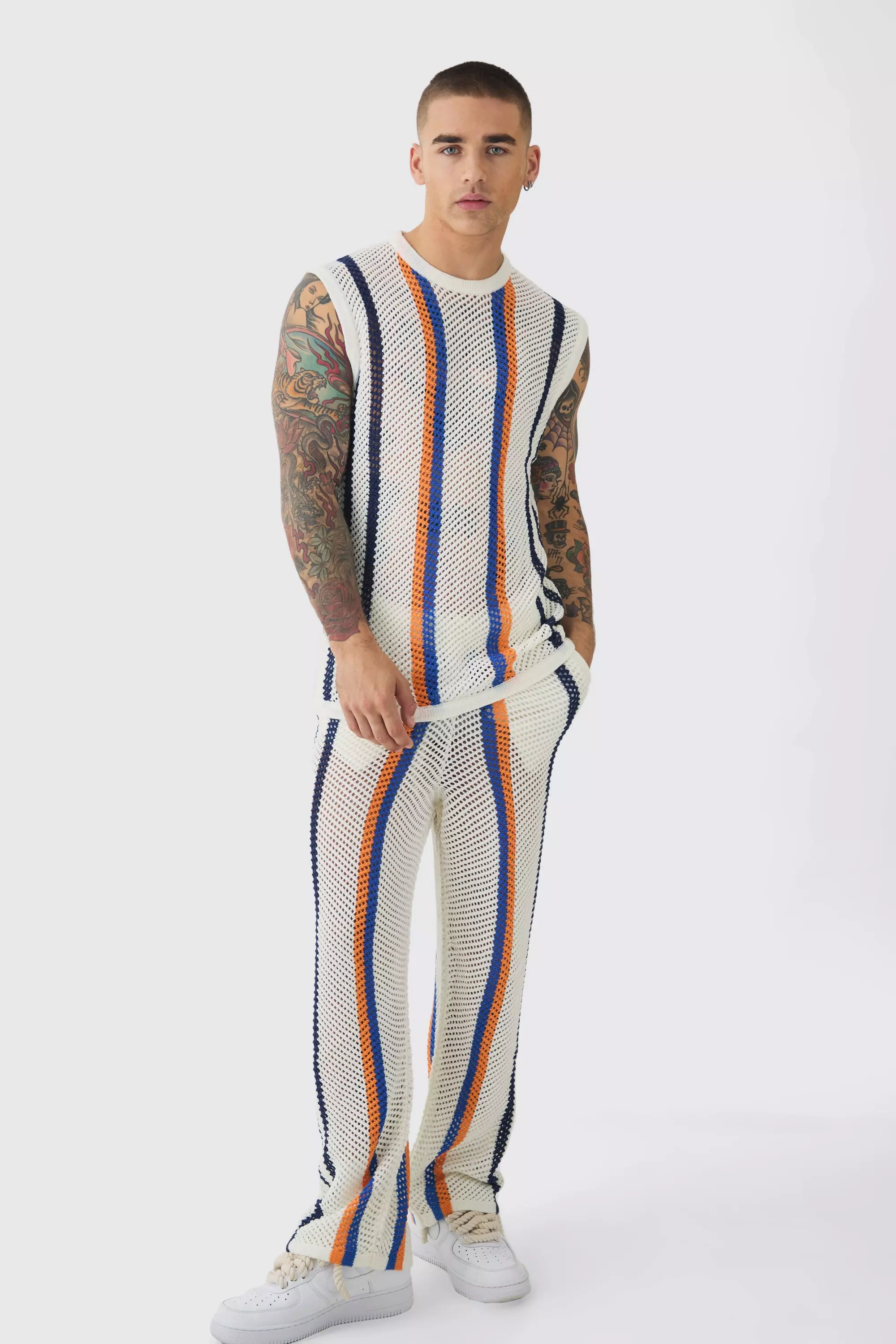 Stone Beige Oversized Open Stitch Stripe Knitted Tank & Pants Set