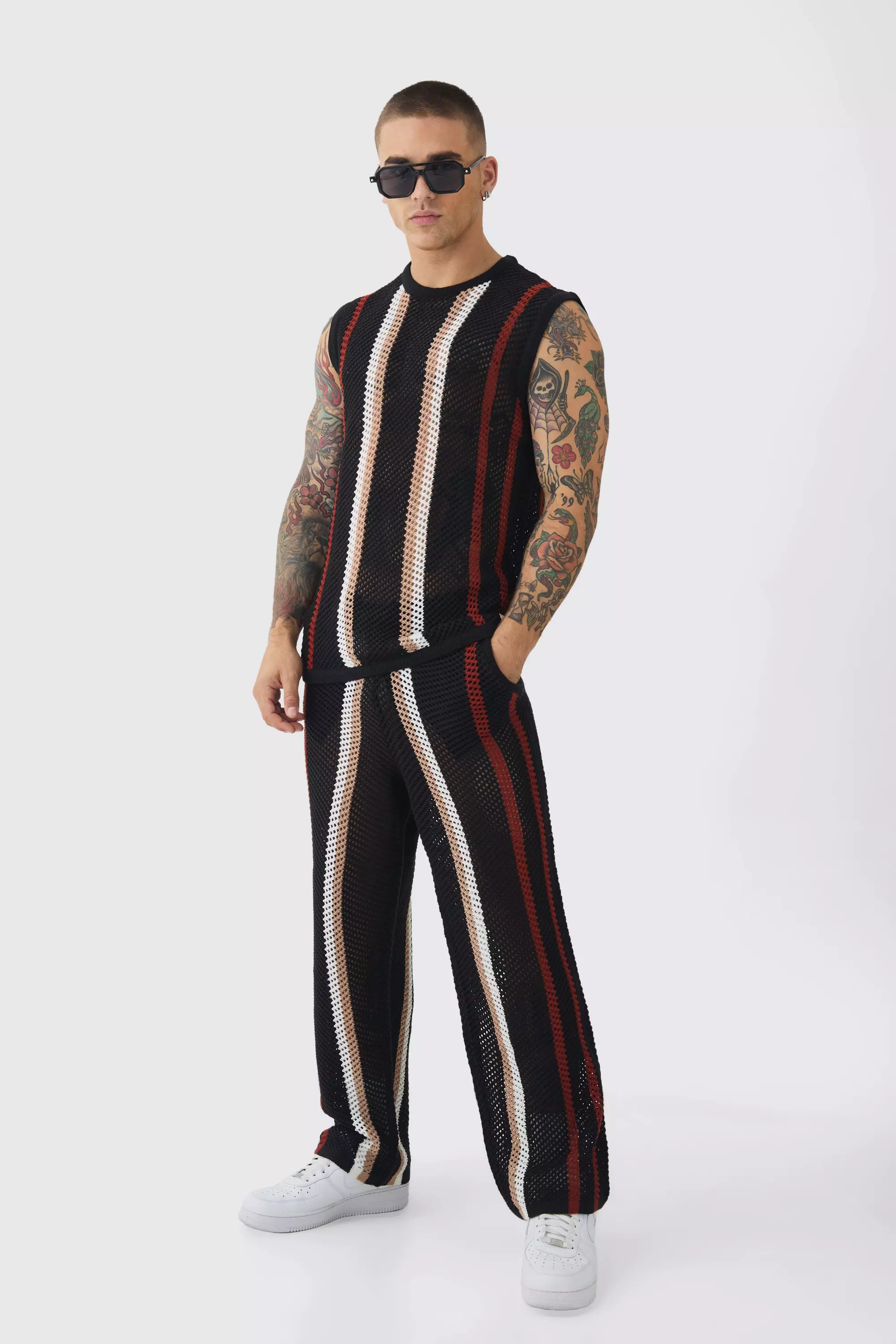 Oversized Open Stitch Stripe Knitted Tank & Pants Set Black