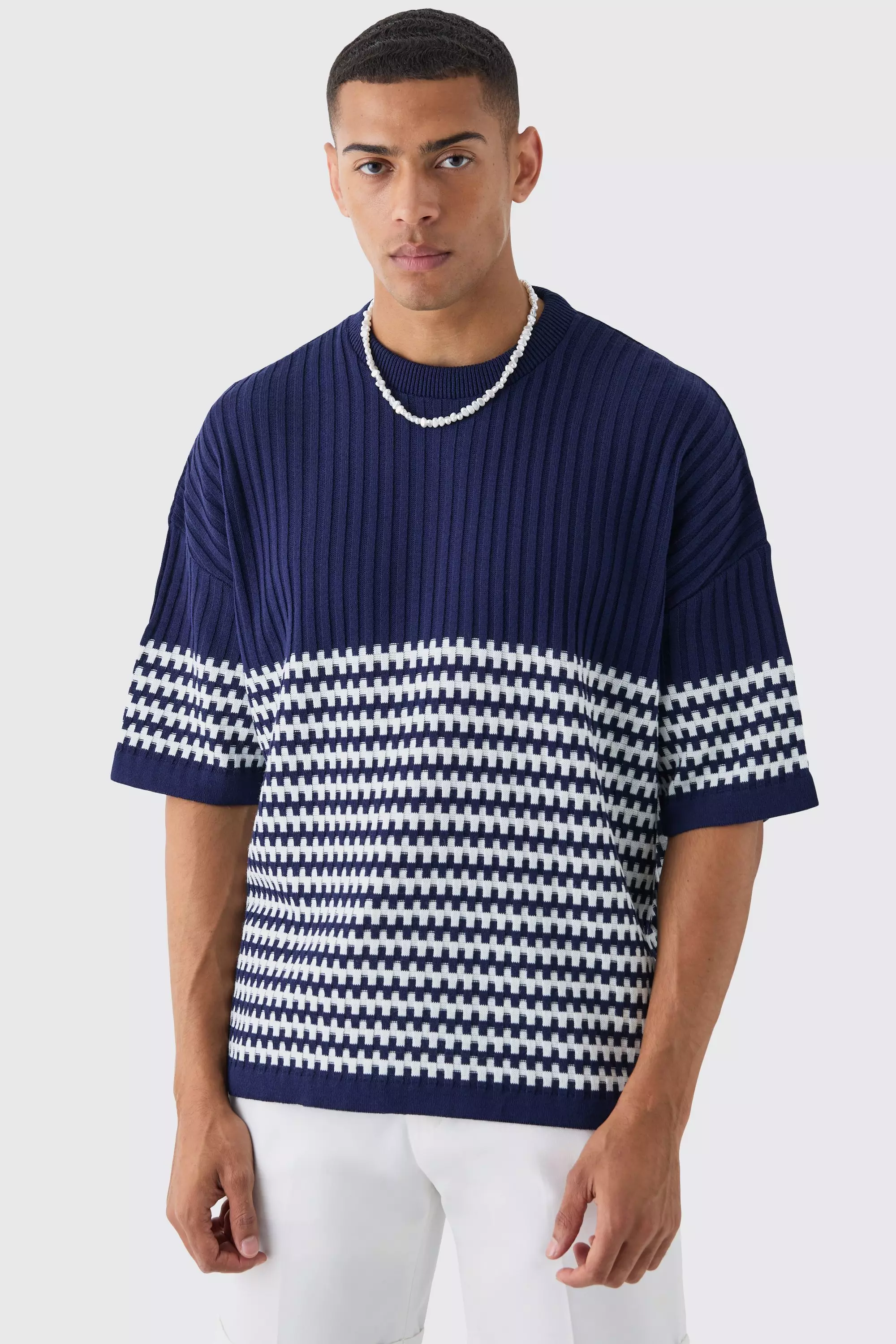 Oversized Stripe Knitted T-shirt Navy