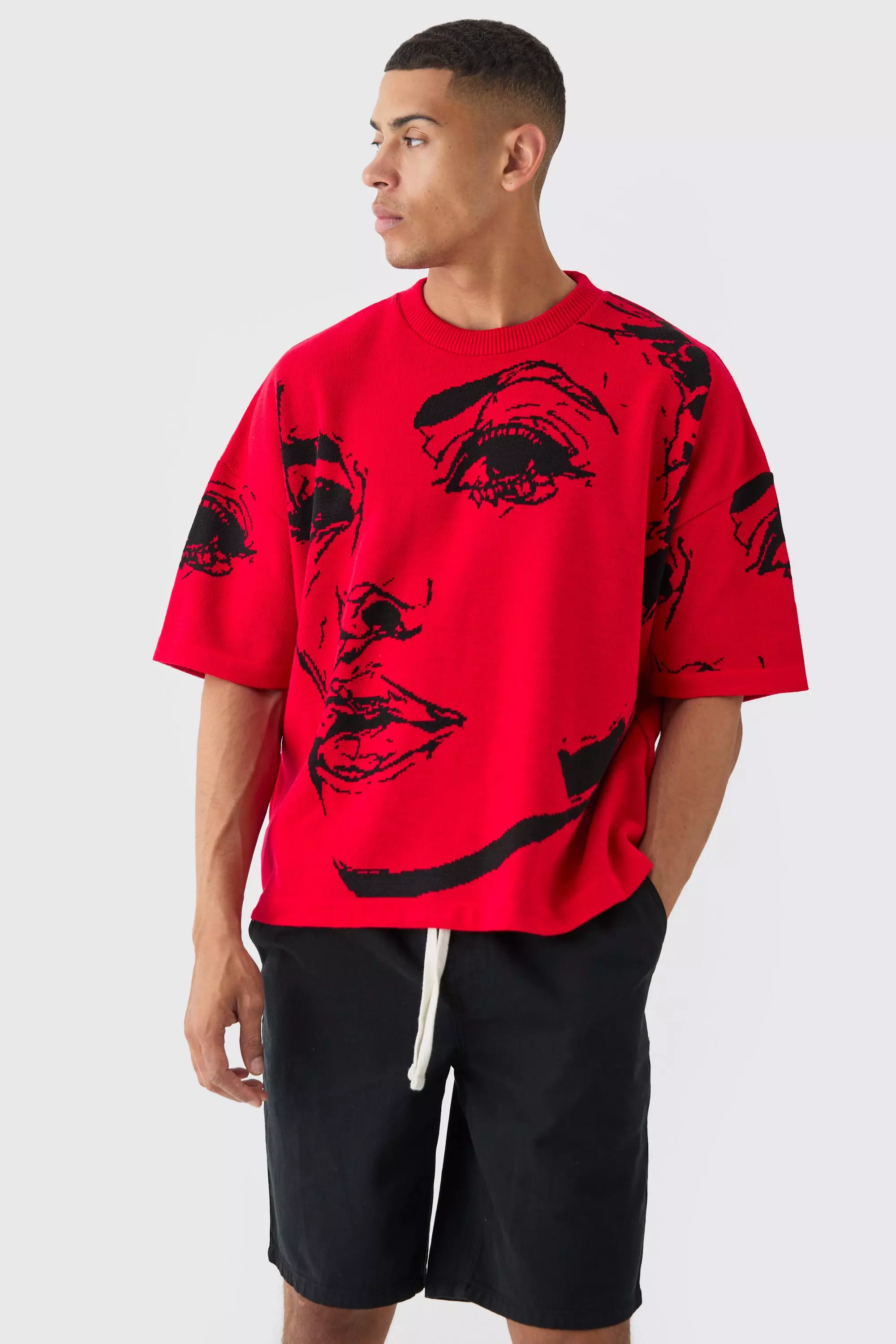 T-Shirt Oversize In Maglia Con Disegno A Linee, Red immagine alternativa