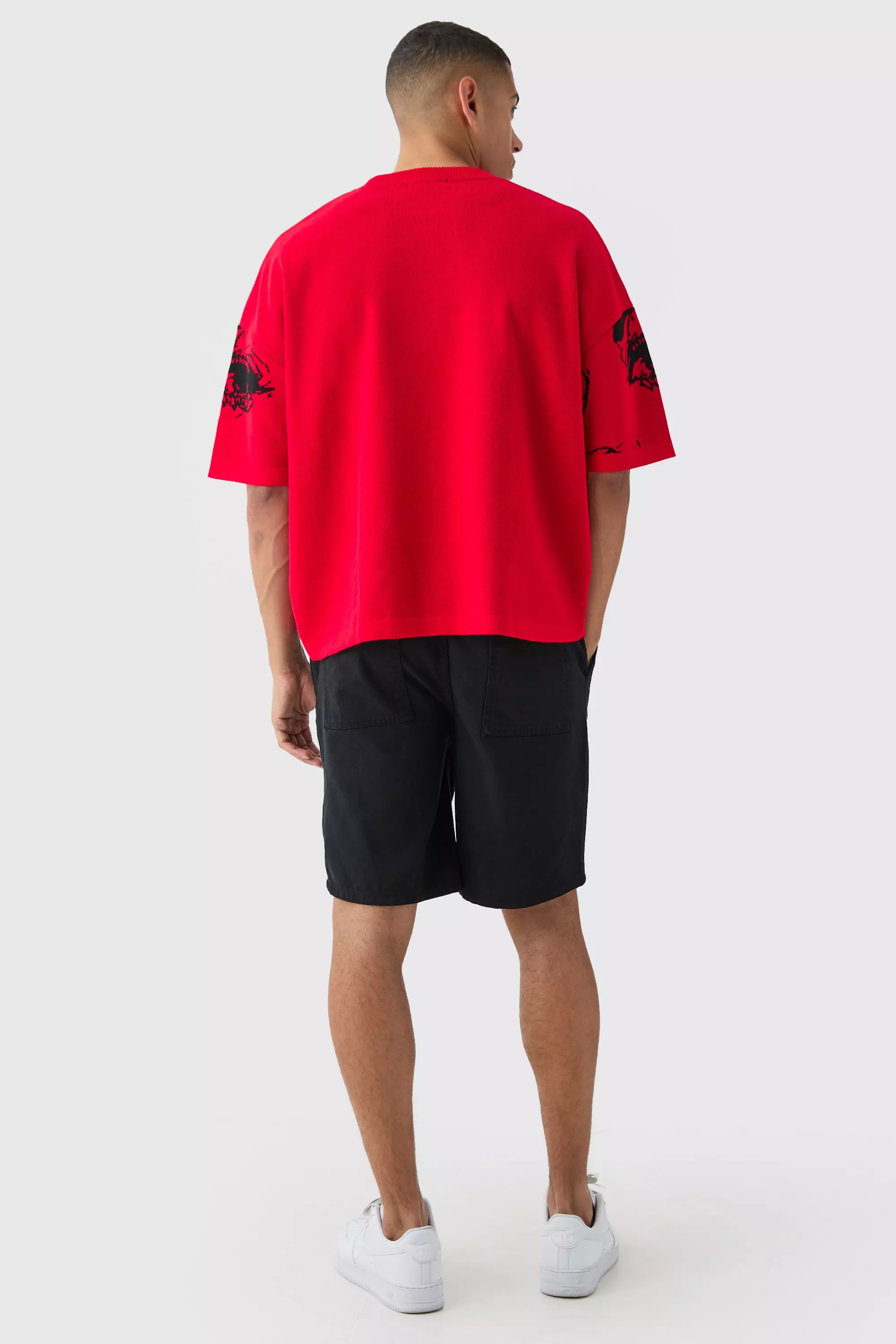 T-Shirt Oversize In Maglia Con Disegno A Linee, Red immagine alternativa