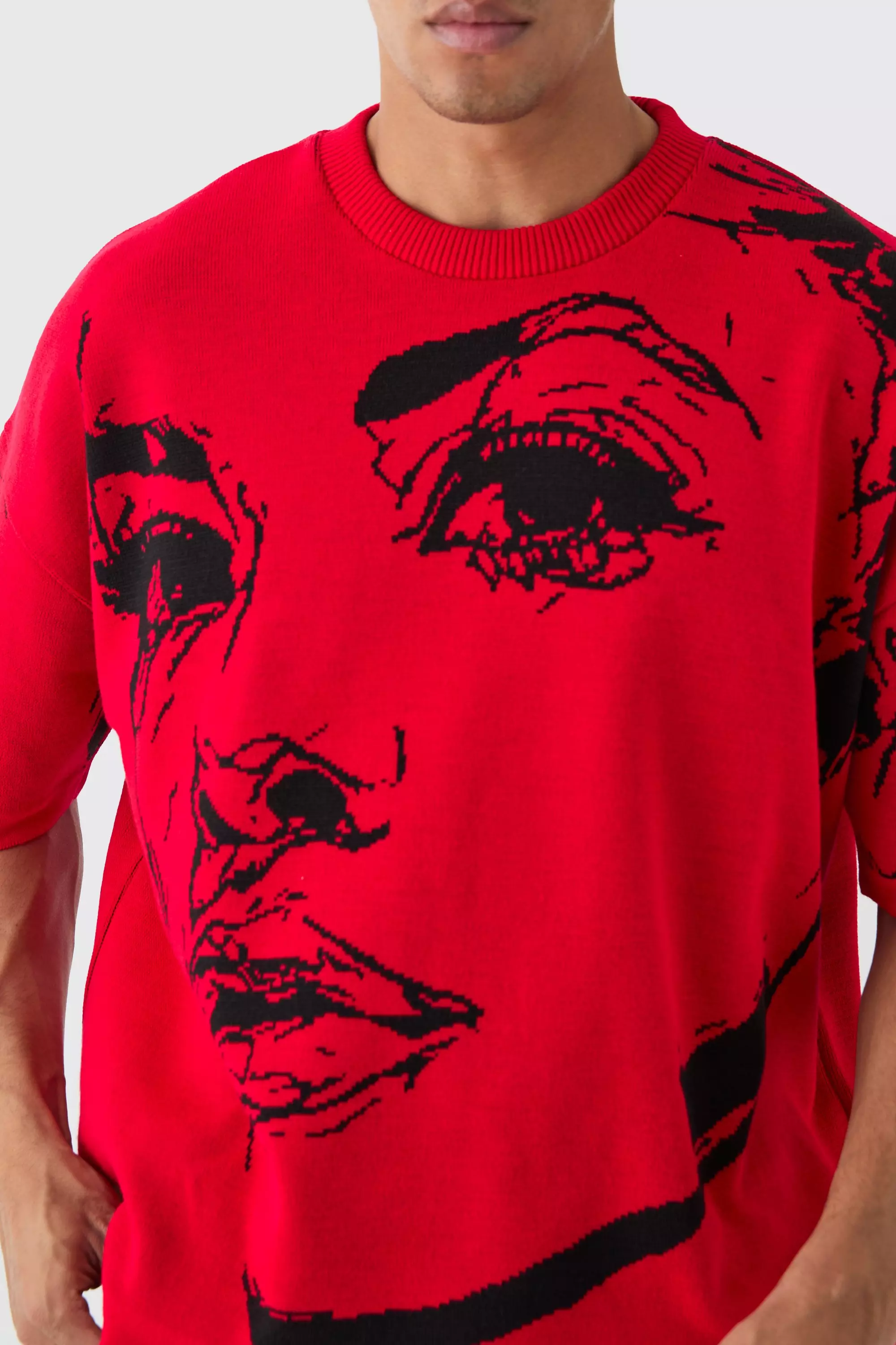 T-Shirt Oversize In Maglia Con Disegno A Linee, Red immagine alternativa
