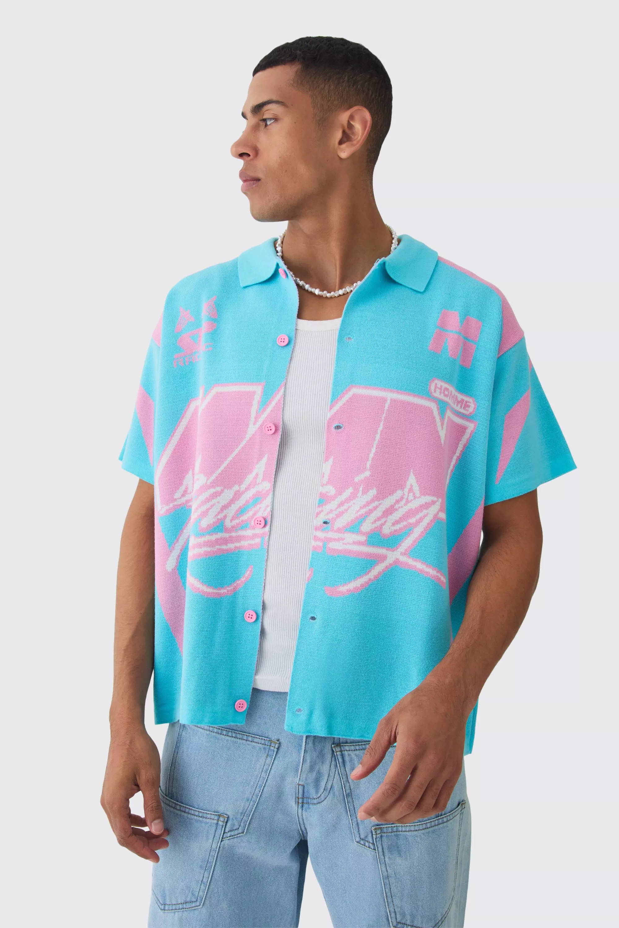 Aqua Blue Boxy Oversized Moto Racing Knitted Shirt