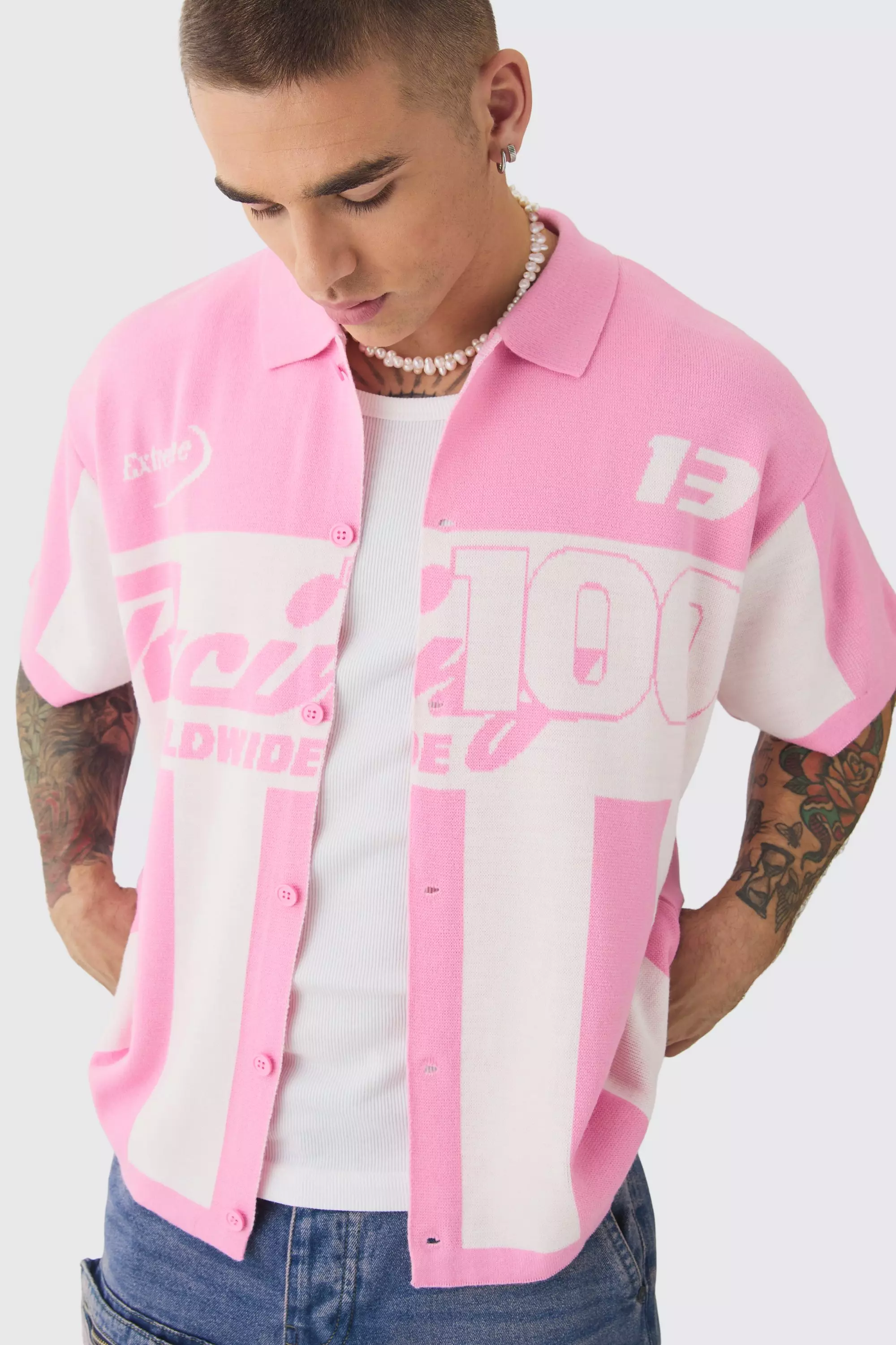 Boxy Oversized Moto Racing Stripe Knitted Shirt | boohooMAN USA