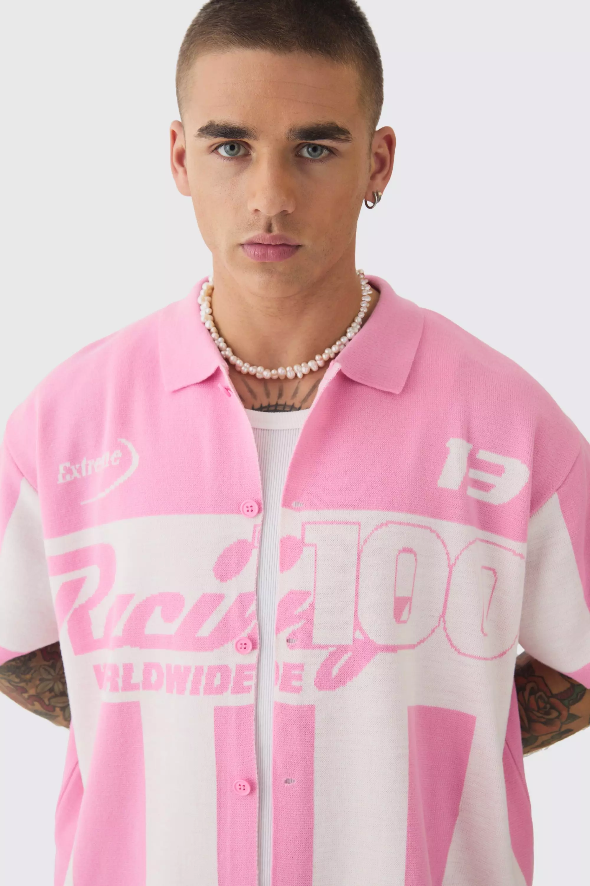 Boxy Oversized Moto Racing Stripe Knitted Shirt | boohooMAN USA