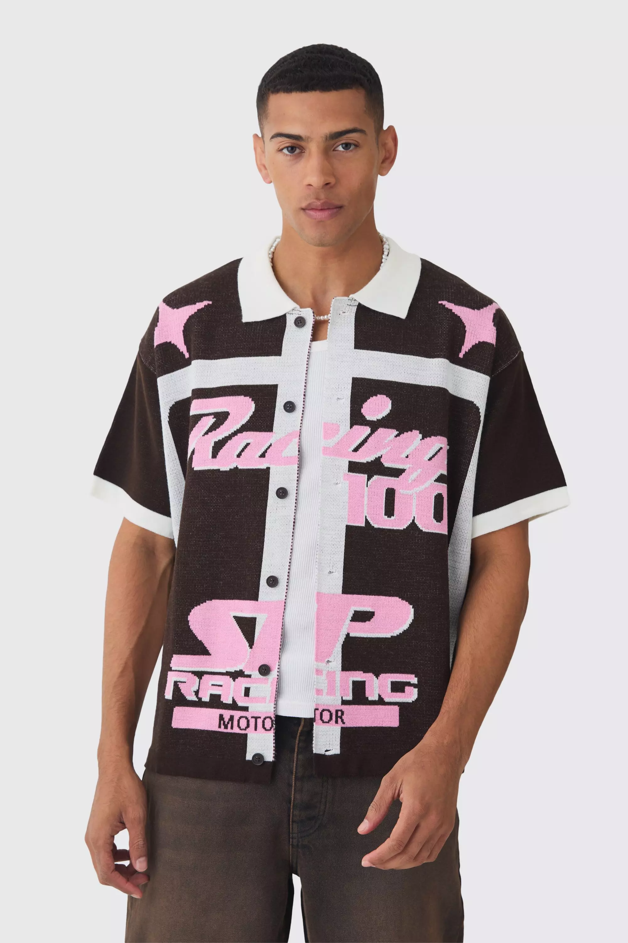 Chocolate Boxy Oversized Moto Racing Knitted Shirt alternative image