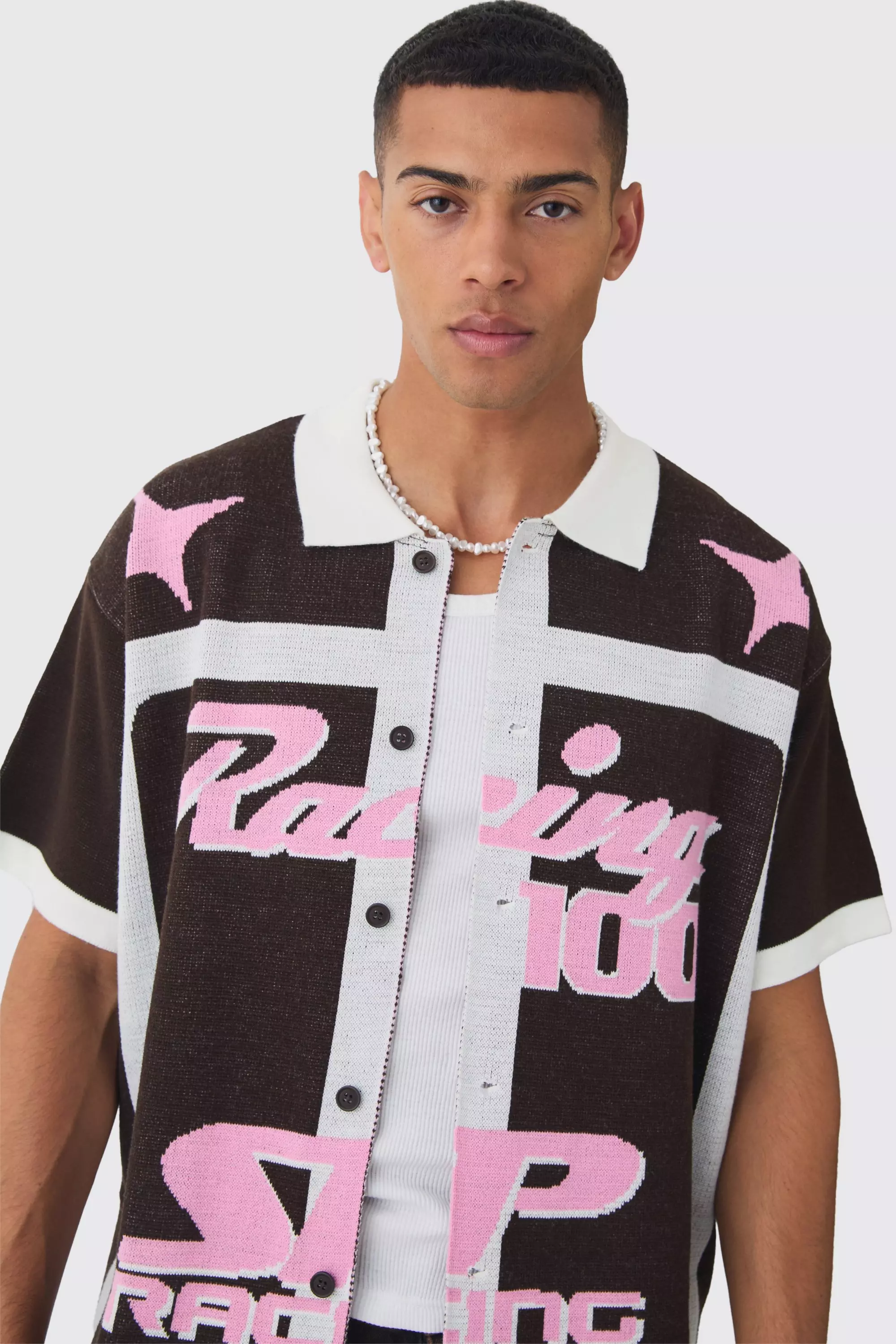 Chocolate Boxy Oversized Moto Racing Knitted Shirt alternative image