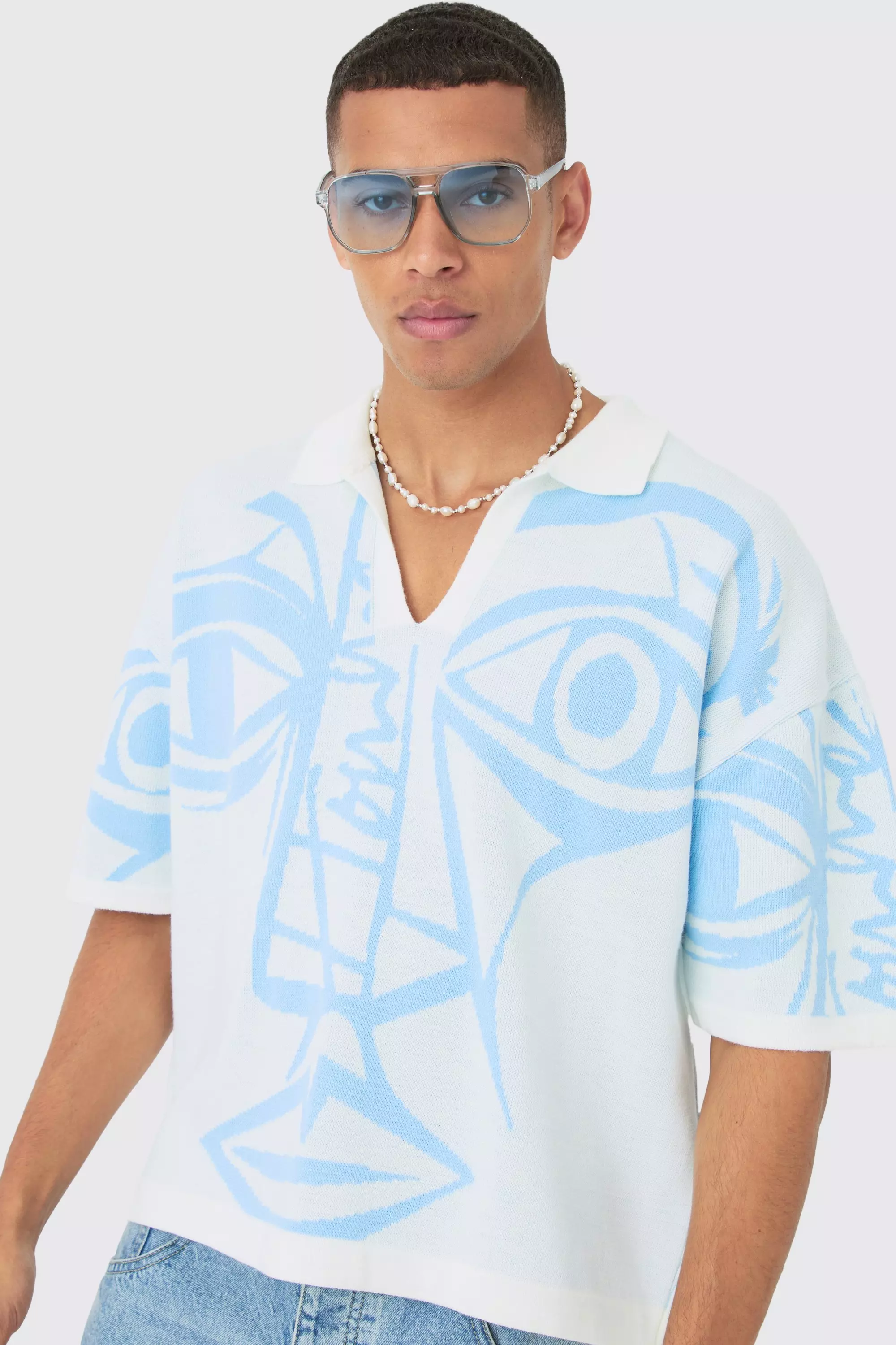 White Oversized Gebreide Boxy Smiley Lijntekening Polo alternatieve afbeelding