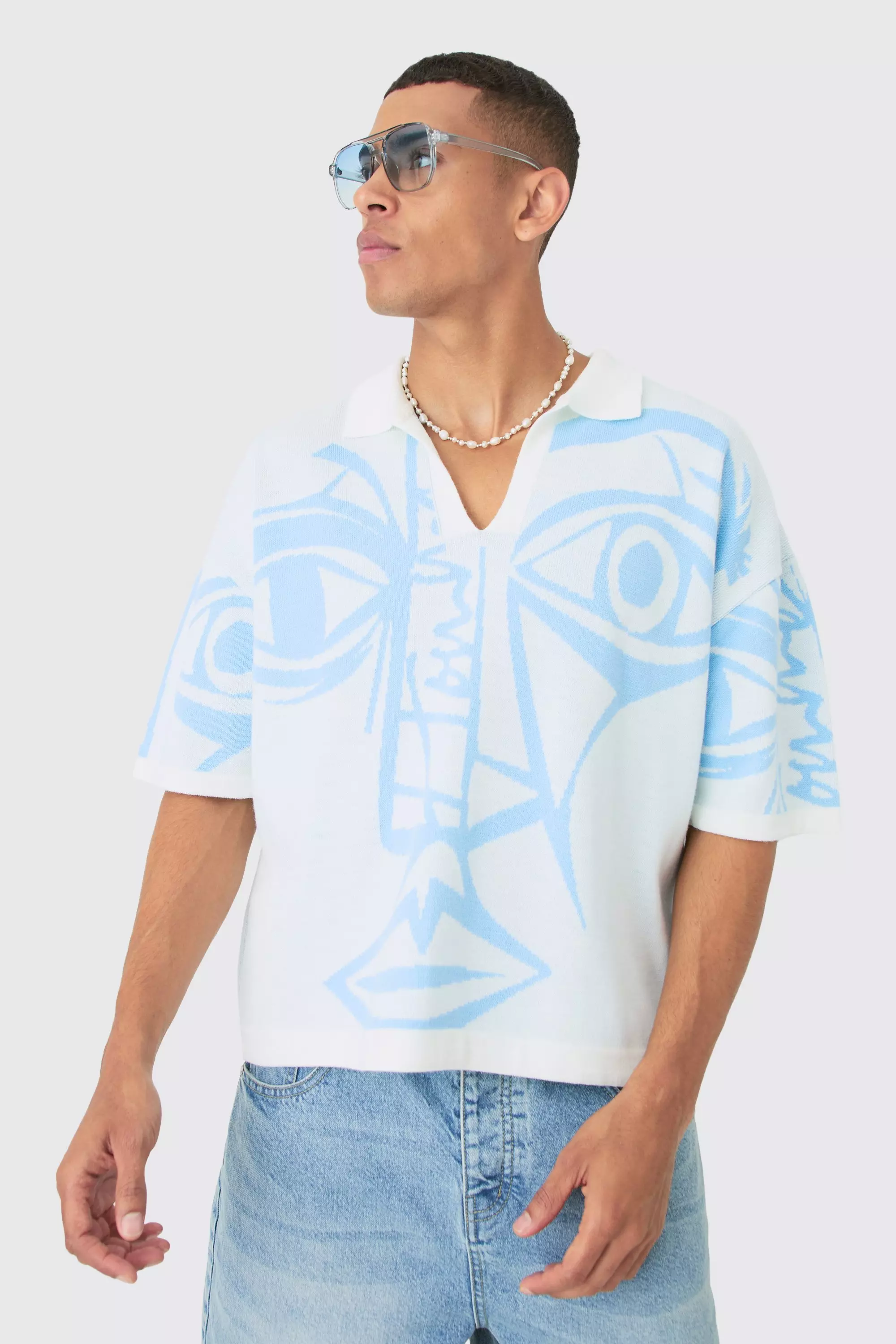 White Oversized Gebreide Boxy Smiley Lijntekening Polo alternatieve afbeelding