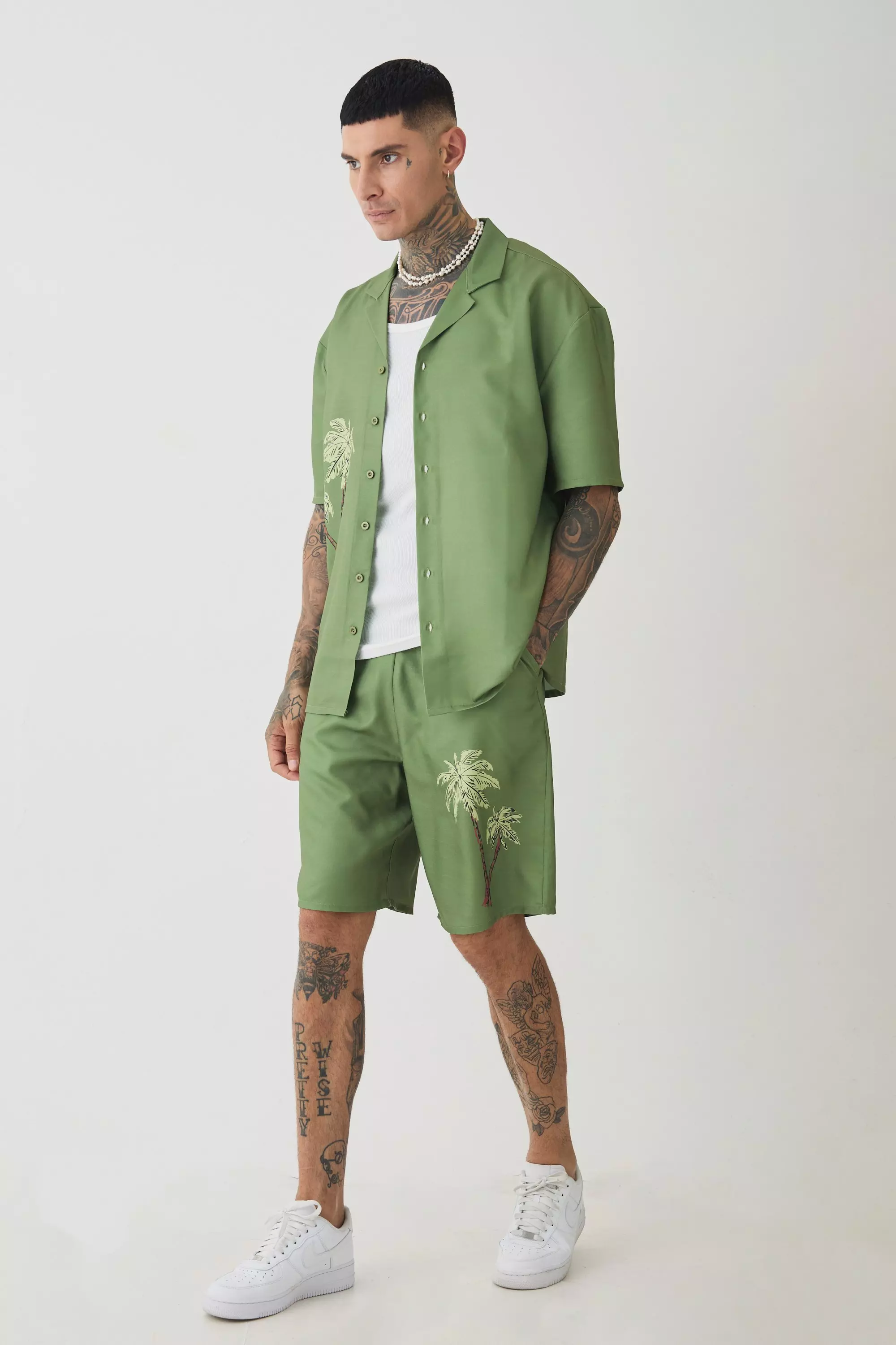 Tall Back Print Linen Look Shirt & Short Set Khaki