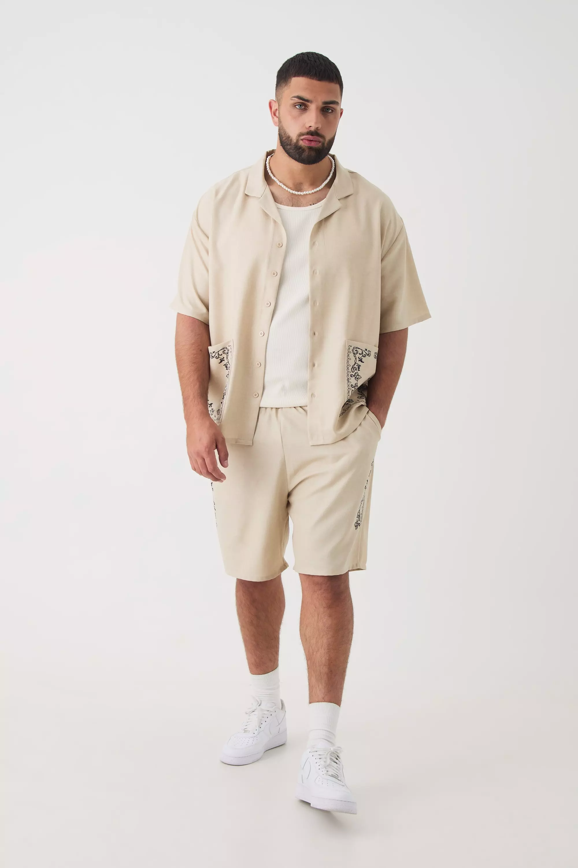 Plus Pocket Detail Smart Linen Look Shirt & Short Set Natural