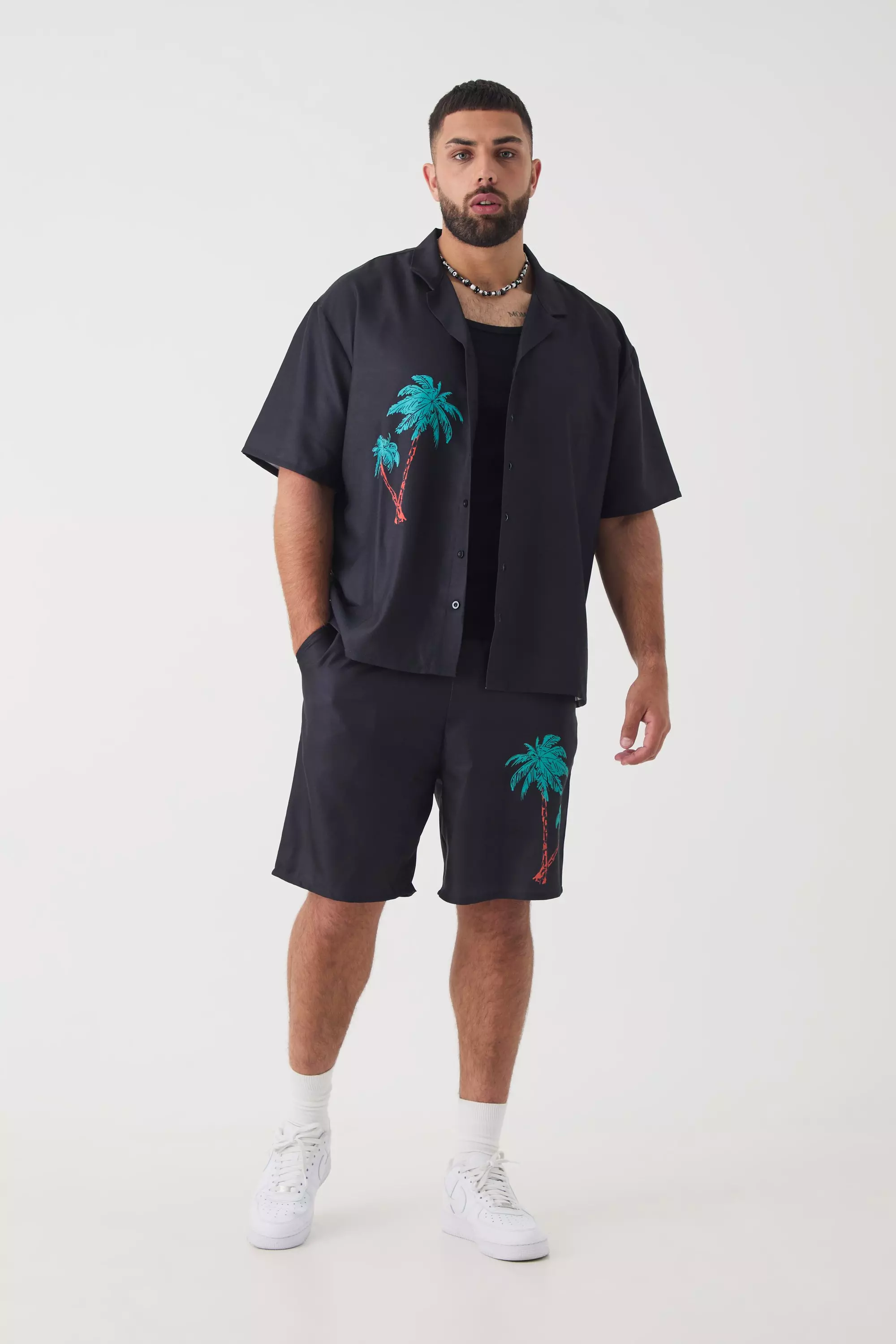 Plus Back Print Linen Look Shirt & Short Set Black