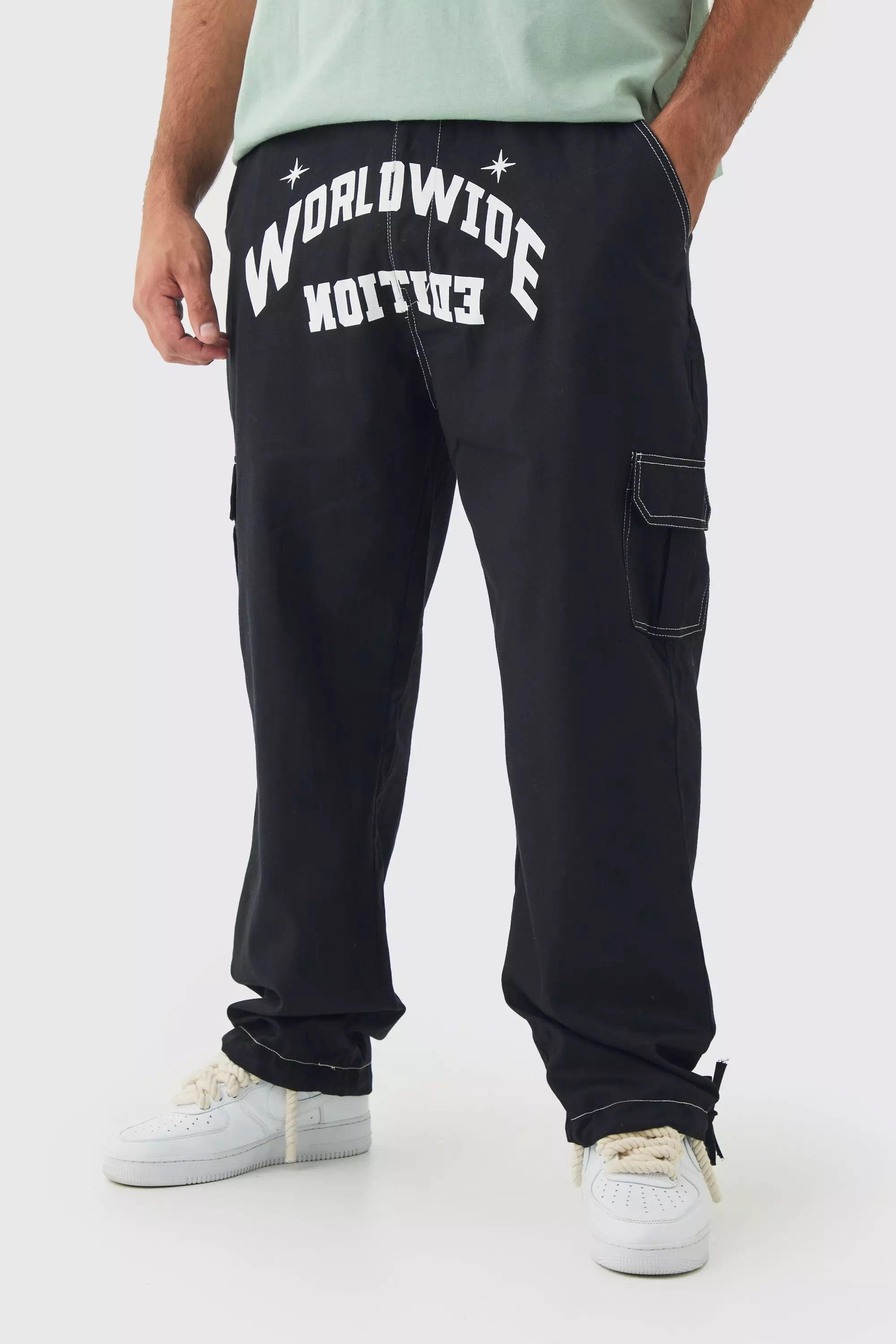 Plus Relaxed Cargo Worldwide Print Pants Black