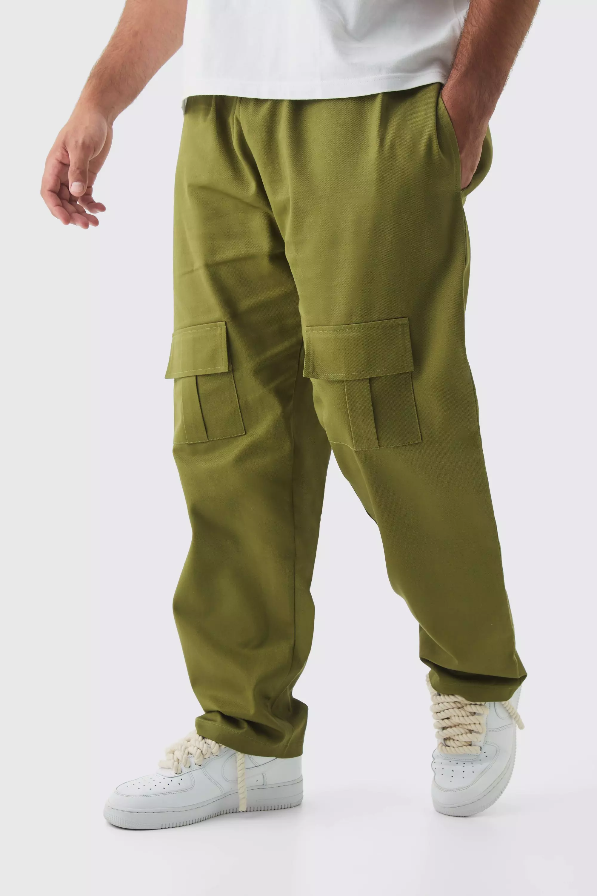 Plus Straight Fit Front Pocket Twill Overdyed Cargo Trouser Khaki