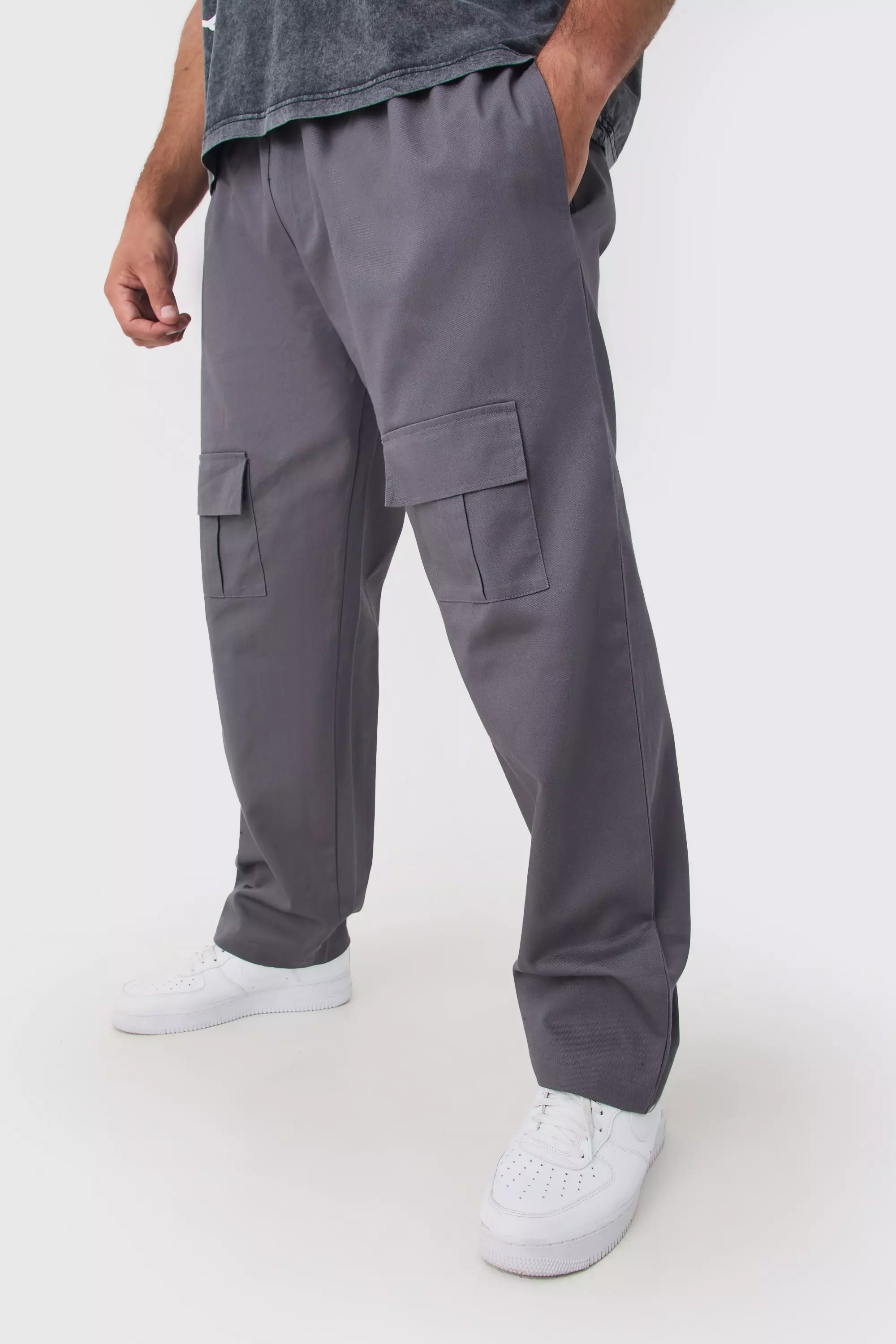 Plus Straight Fit Front Pocket Twill Overdyed Cargo Pants Charcoal