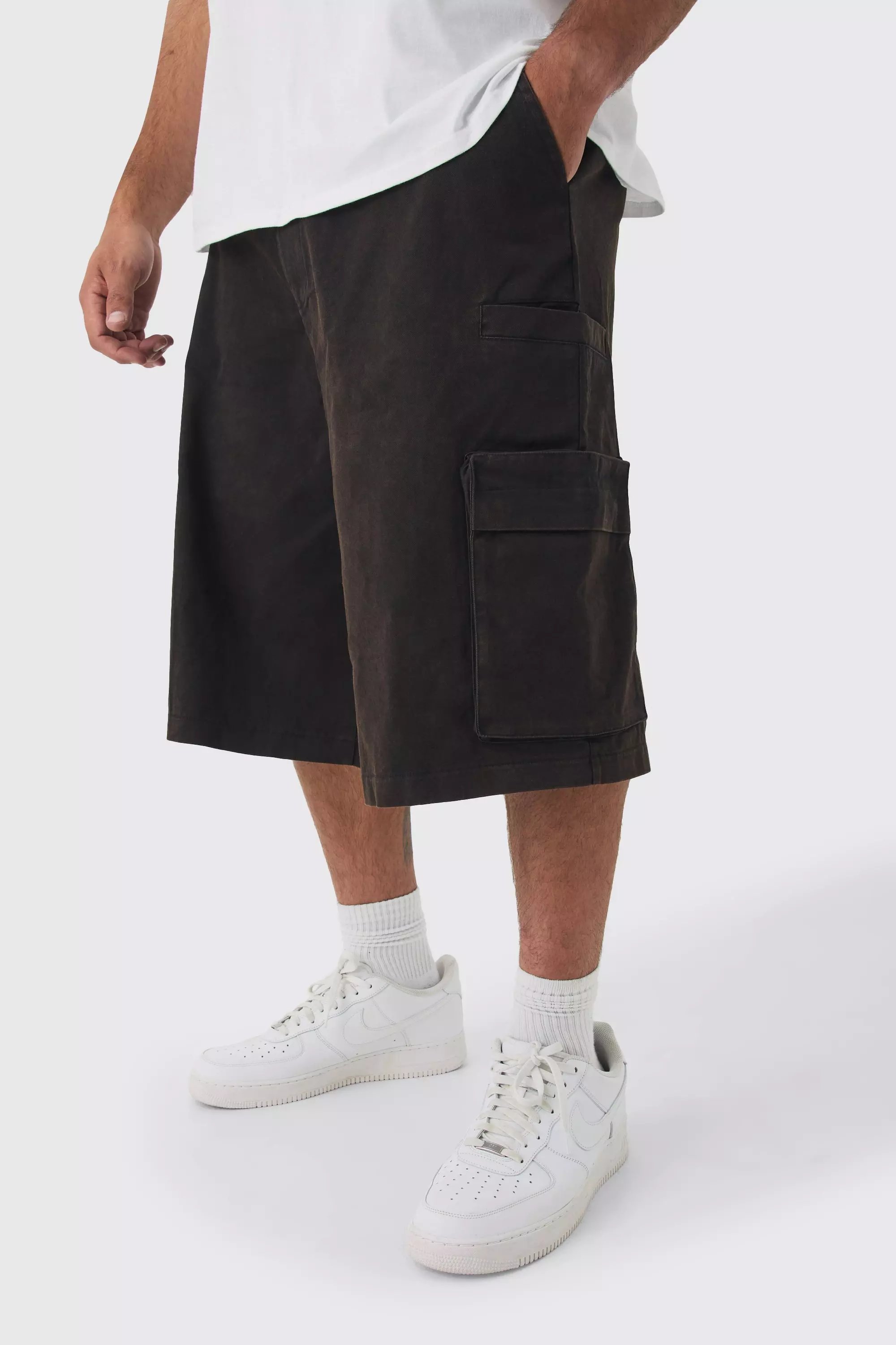 Black Plus Zip Detail Acid Wash Twill Jorts